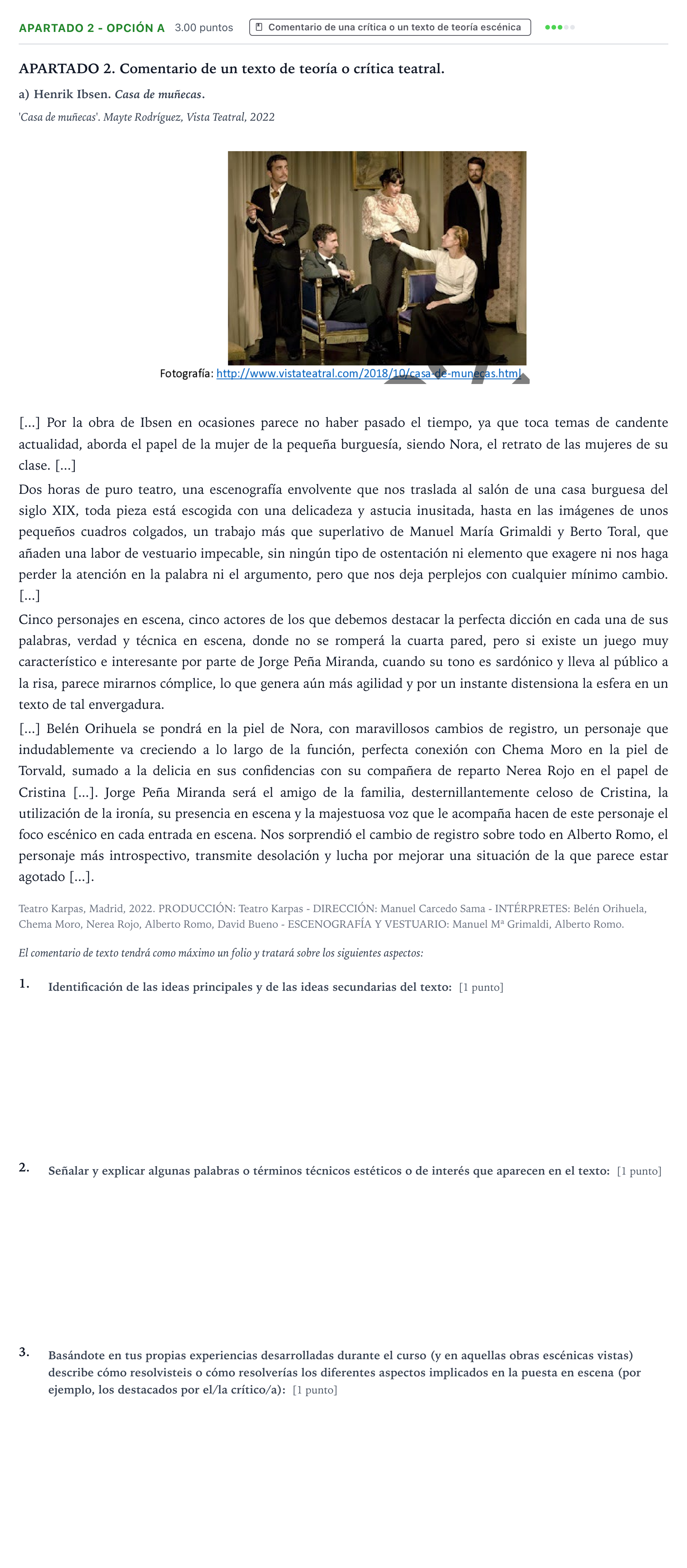 Enunciado: Apartado 2 - Opción a · Artes Escénicas PAU País Vasco Ordinaria 2022