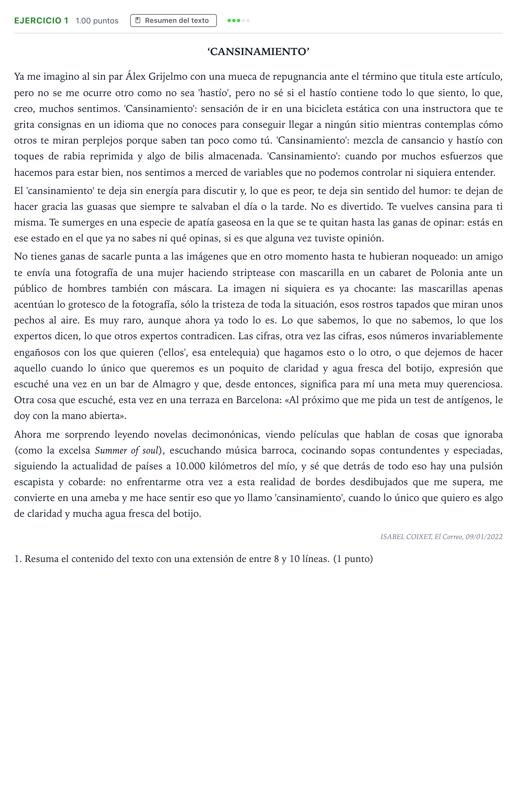 Enunciado: Problema 1 · Lengua Castellana y Literatura II PAU País Vasco Ordinaria 2022