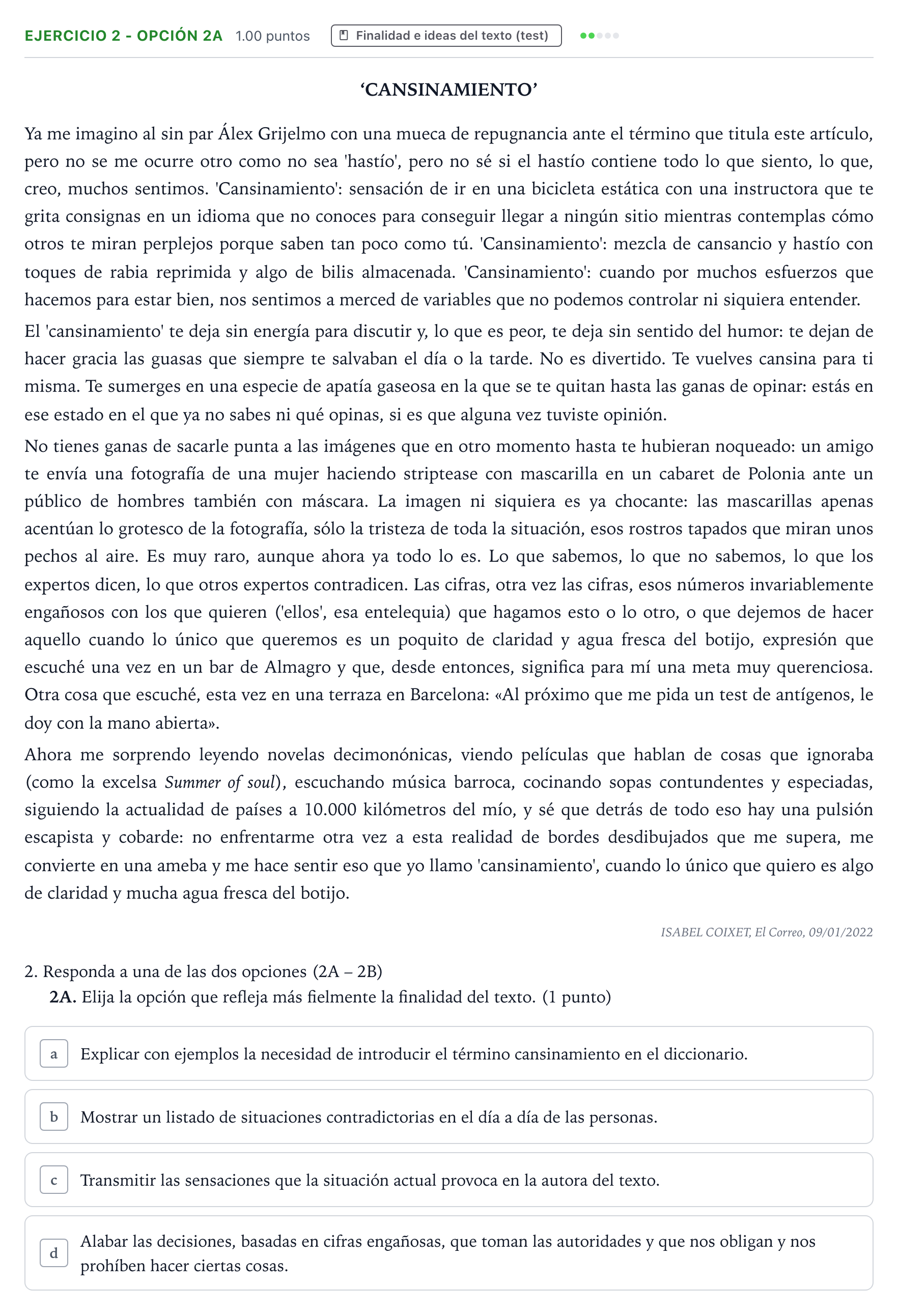 Enunciado: Ejercicio 2 - Opción 2A · Lengua Castellana y Literatura II PAU País Vasco Ordinaria 2022