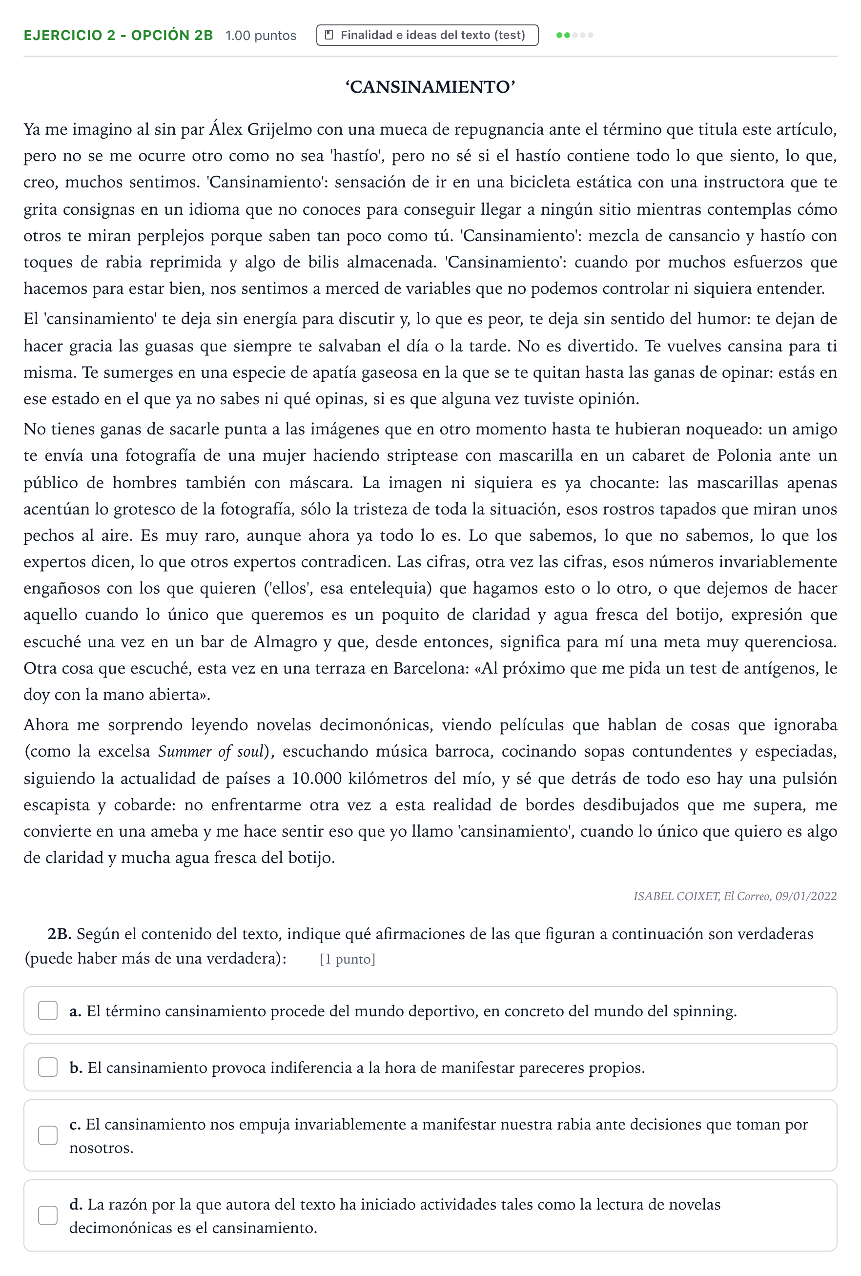 Enunciado: Ejercicio 2 - Opción 2B · Lengua Castellana y Literatura II PAU País Vasco Ordinaria 2022