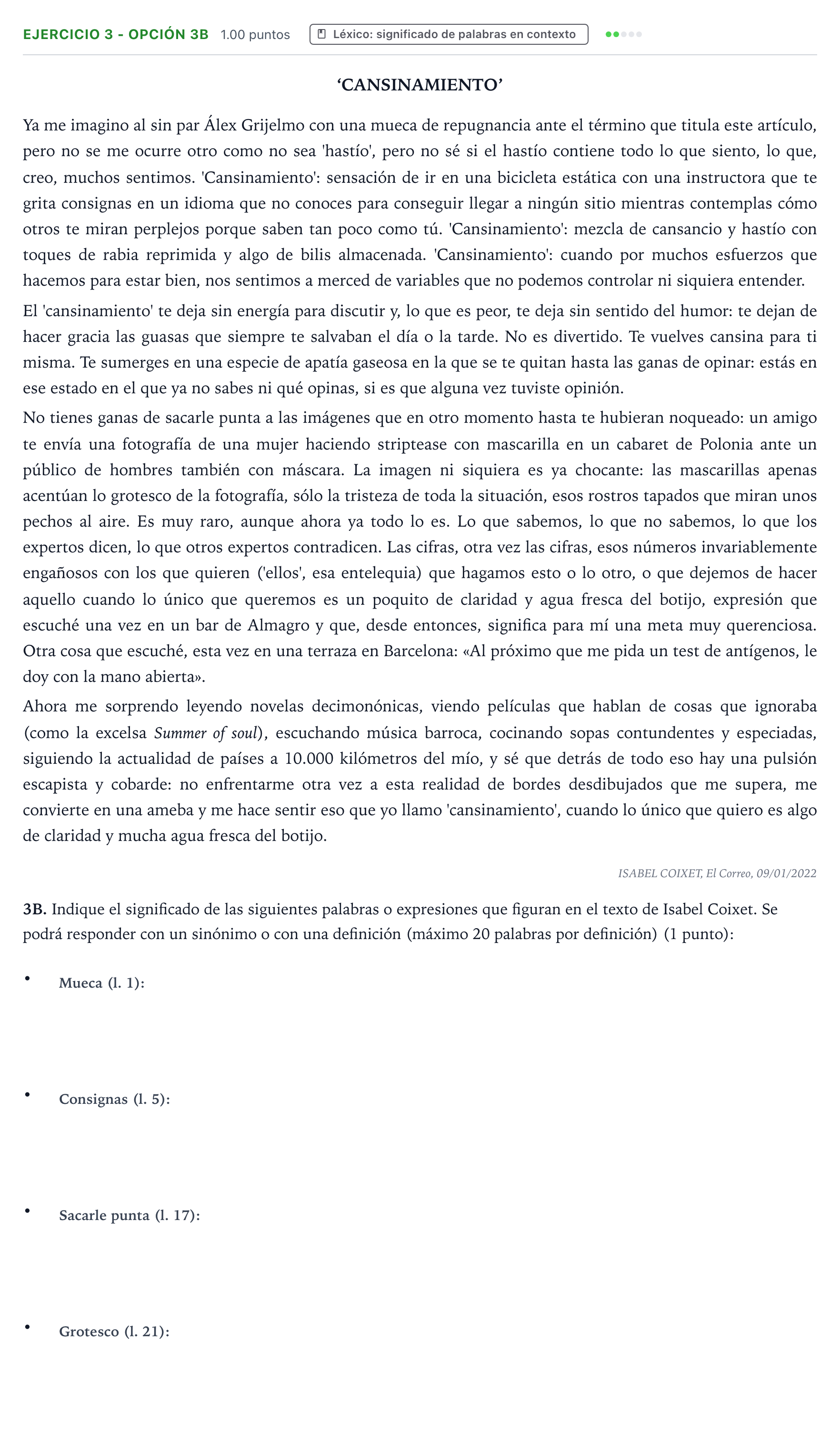 Enunciado: Ejercicio 3 - Opción 3B · Lengua Castellana y Literatura II PAU País Vasco Ordinaria 2022