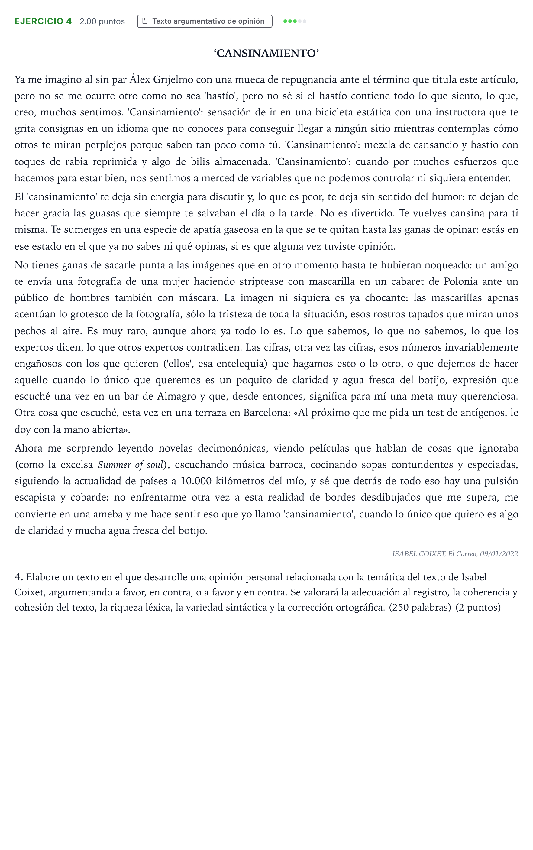 Enunciado: Problema 4 · Lengua Castellana y Literatura II PAU País Vasco Ordinaria 2022