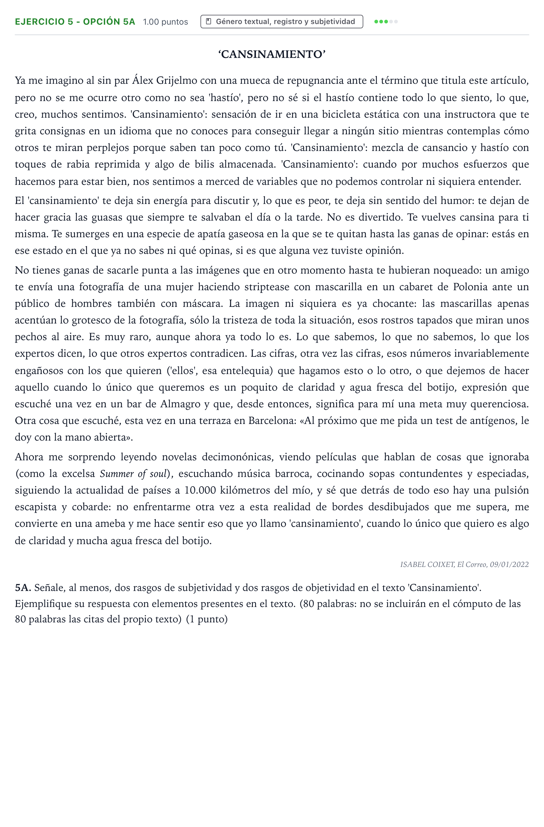 Enunciado: Ejercicio 5 - Opción 5A · Lengua Castellana y Literatura II PAU País Vasco Ordinaria 2022