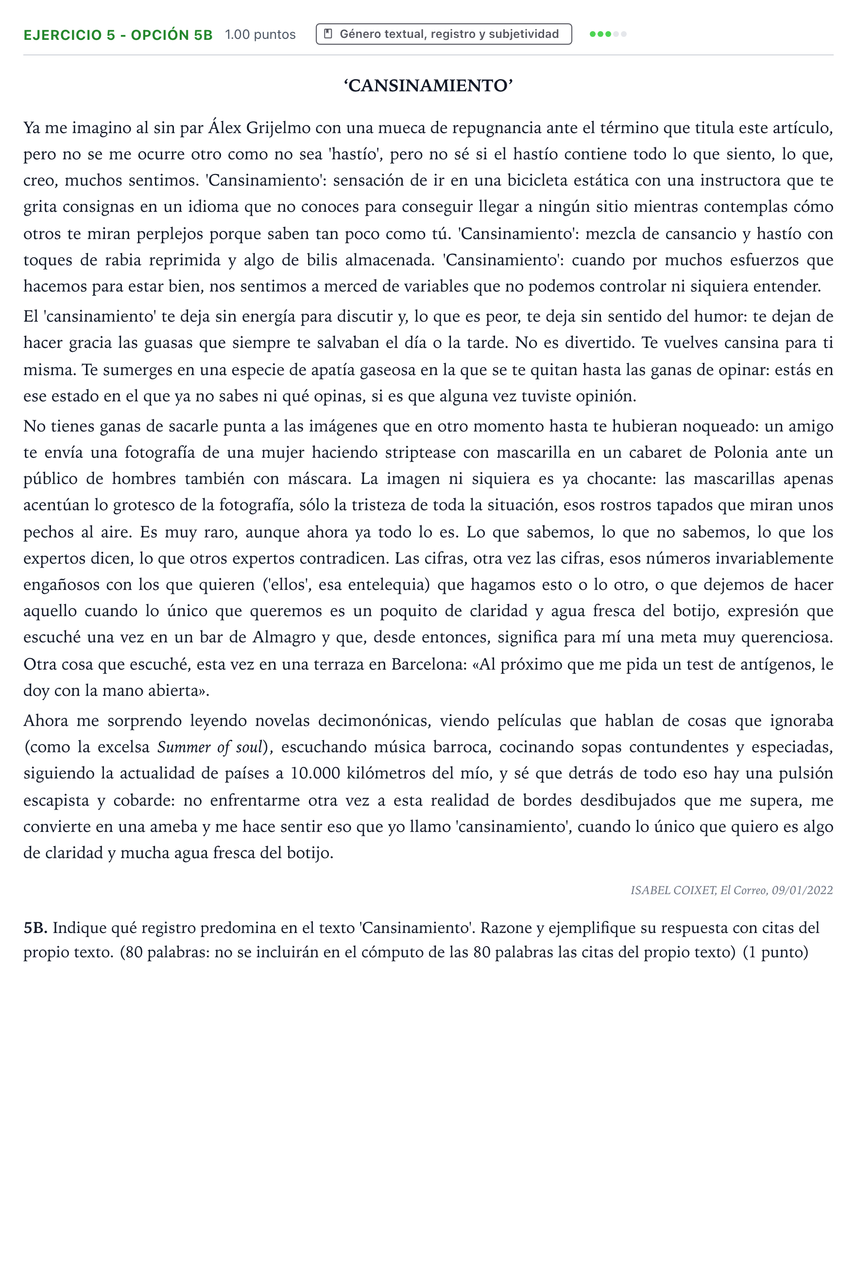 Enunciado: Ejercicio 5 - Opción 5B · Lengua Castellana y Literatura II PAU País Vasco Ordinaria 2022
