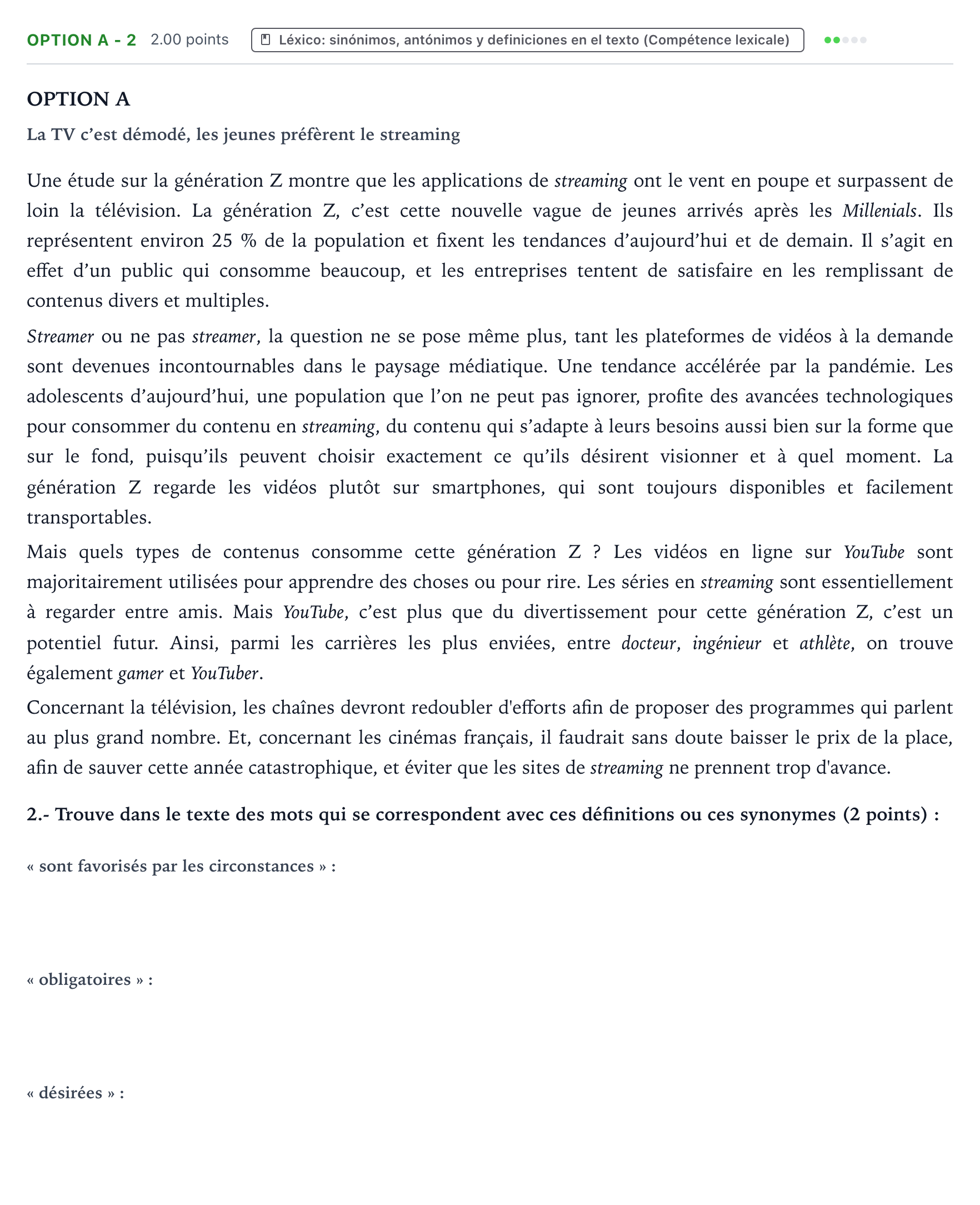 Enunciado: Ejercicio Option A - 2 · Francés PAU País Vasco Ordinaria 2022