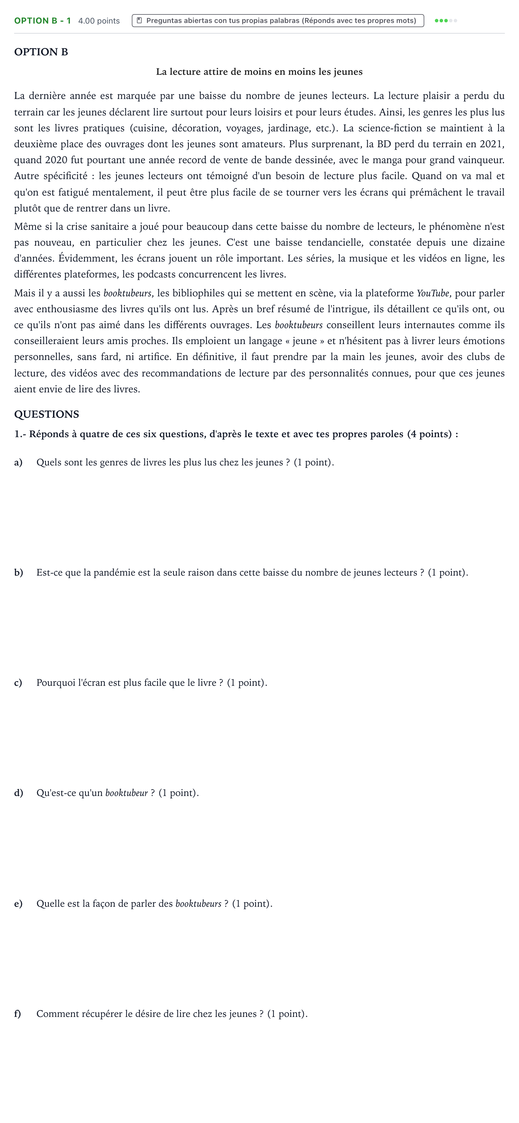 Enunciado: Ejercicio Option B - 1 · Francés PAU País Vasco Ordinaria 2022