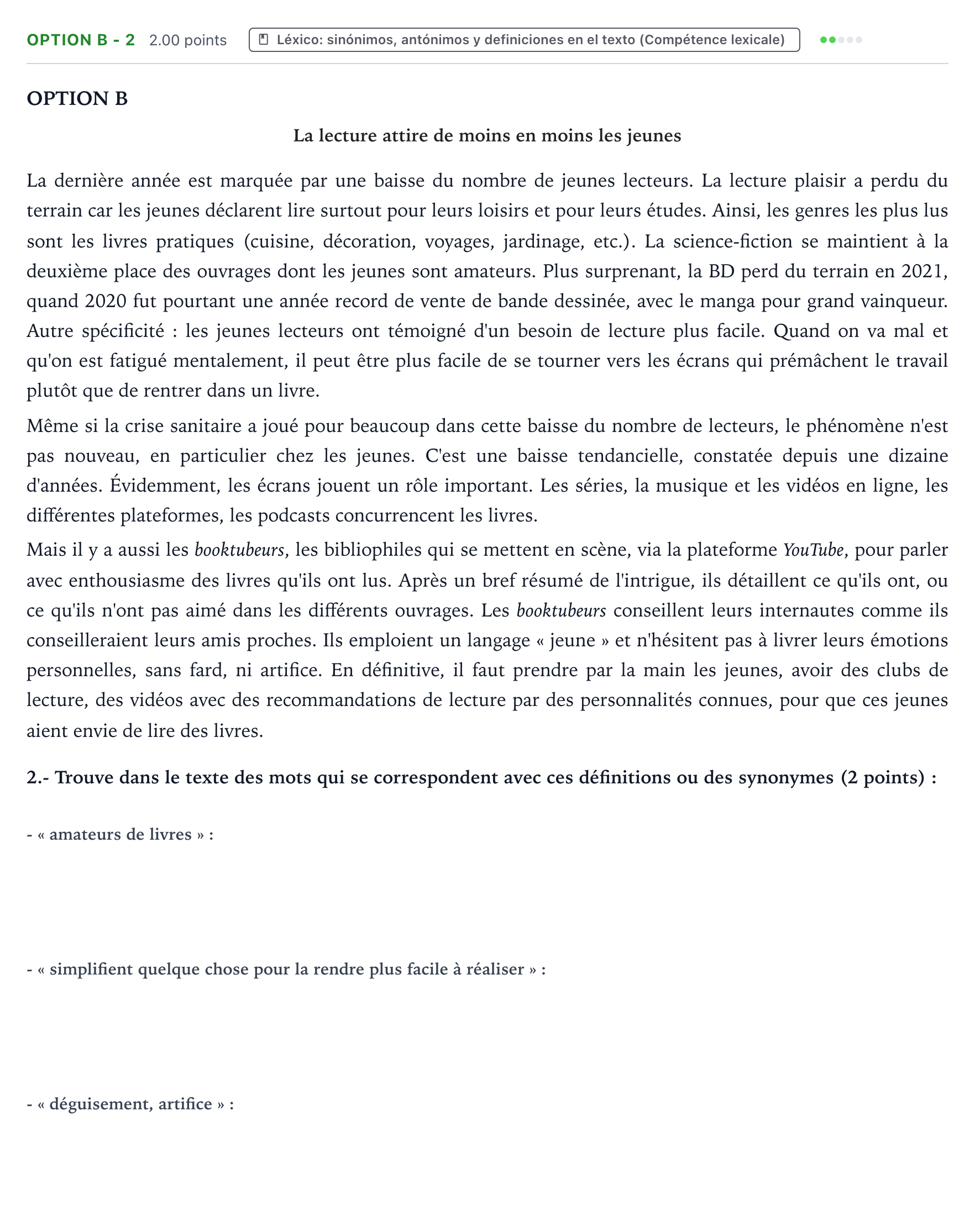 Enunciado: Ejercicio Option B - 2 · Francés PAU País Vasco Ordinaria 2022