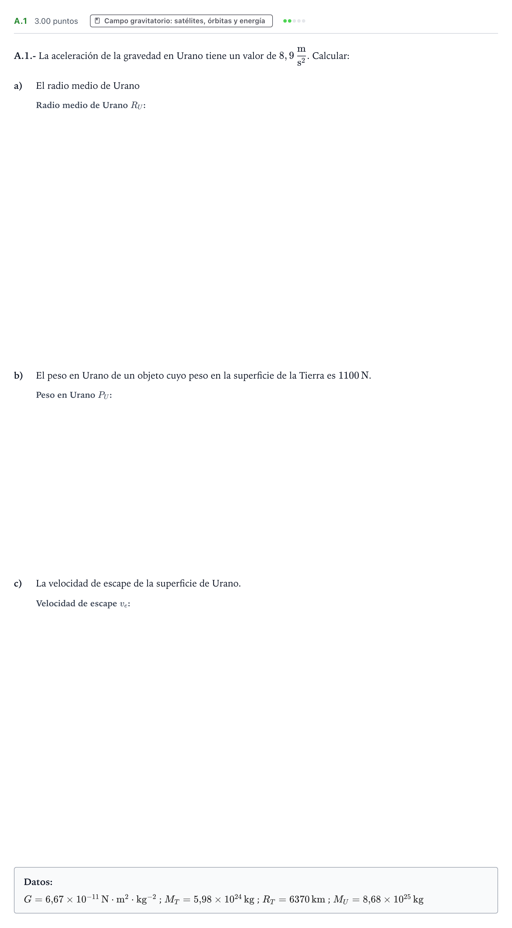Enunciado: Ejercicio A.1 · Física PAU País Vasco Extraordinaria 2022