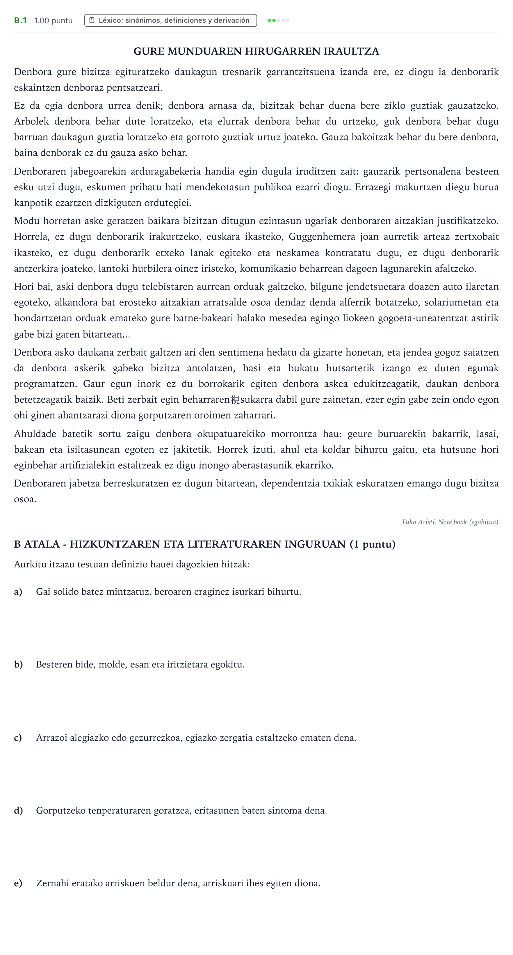 Enunciado: Ejercicio B.1 · Lengua Vasca y Literatura II PAU País Vasco Ordinaria 2022