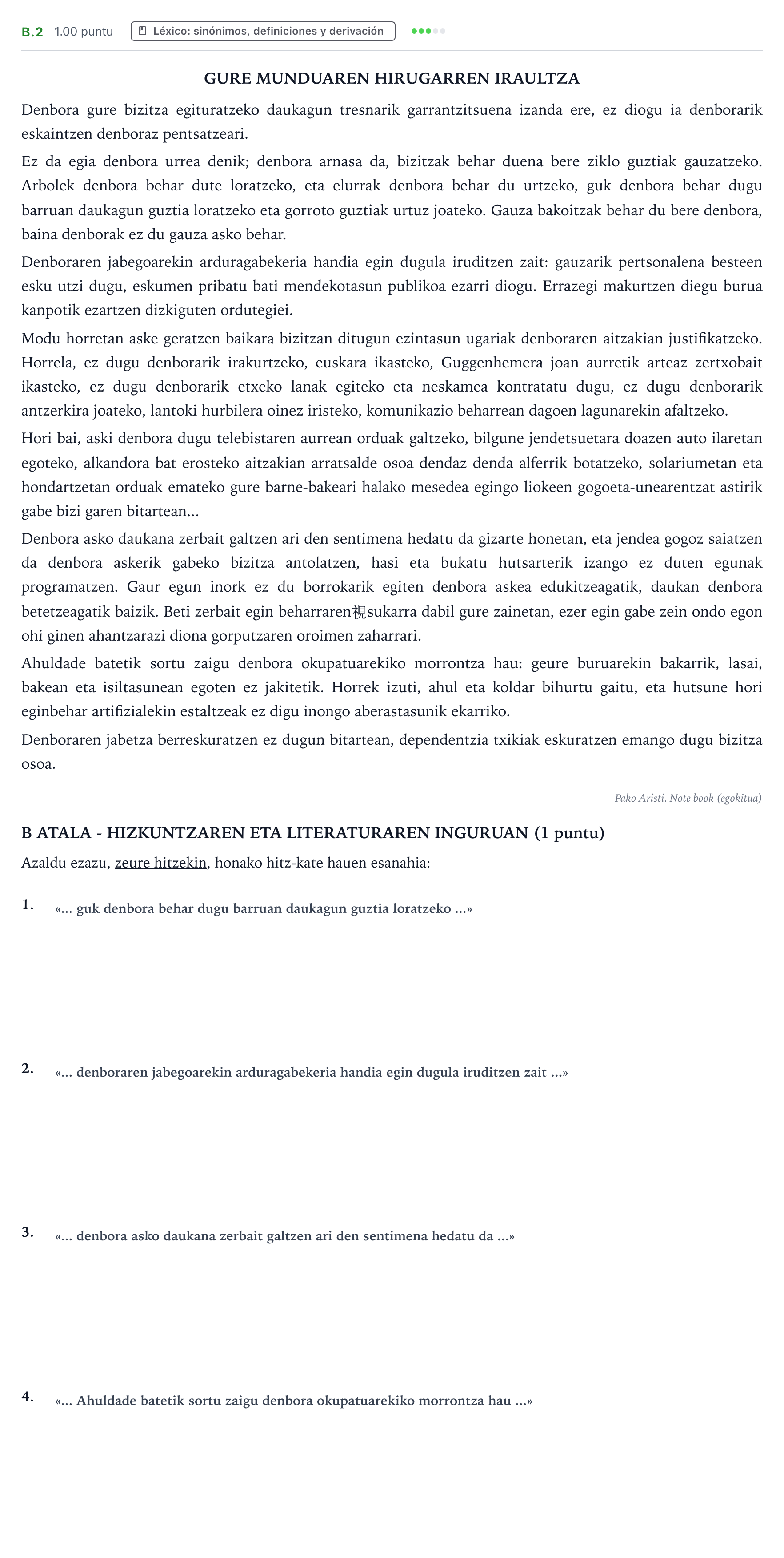 Enunciado: Ejercicio B.2 · Lengua Vasca y Literatura II PAU País Vasco Ordinaria 2022