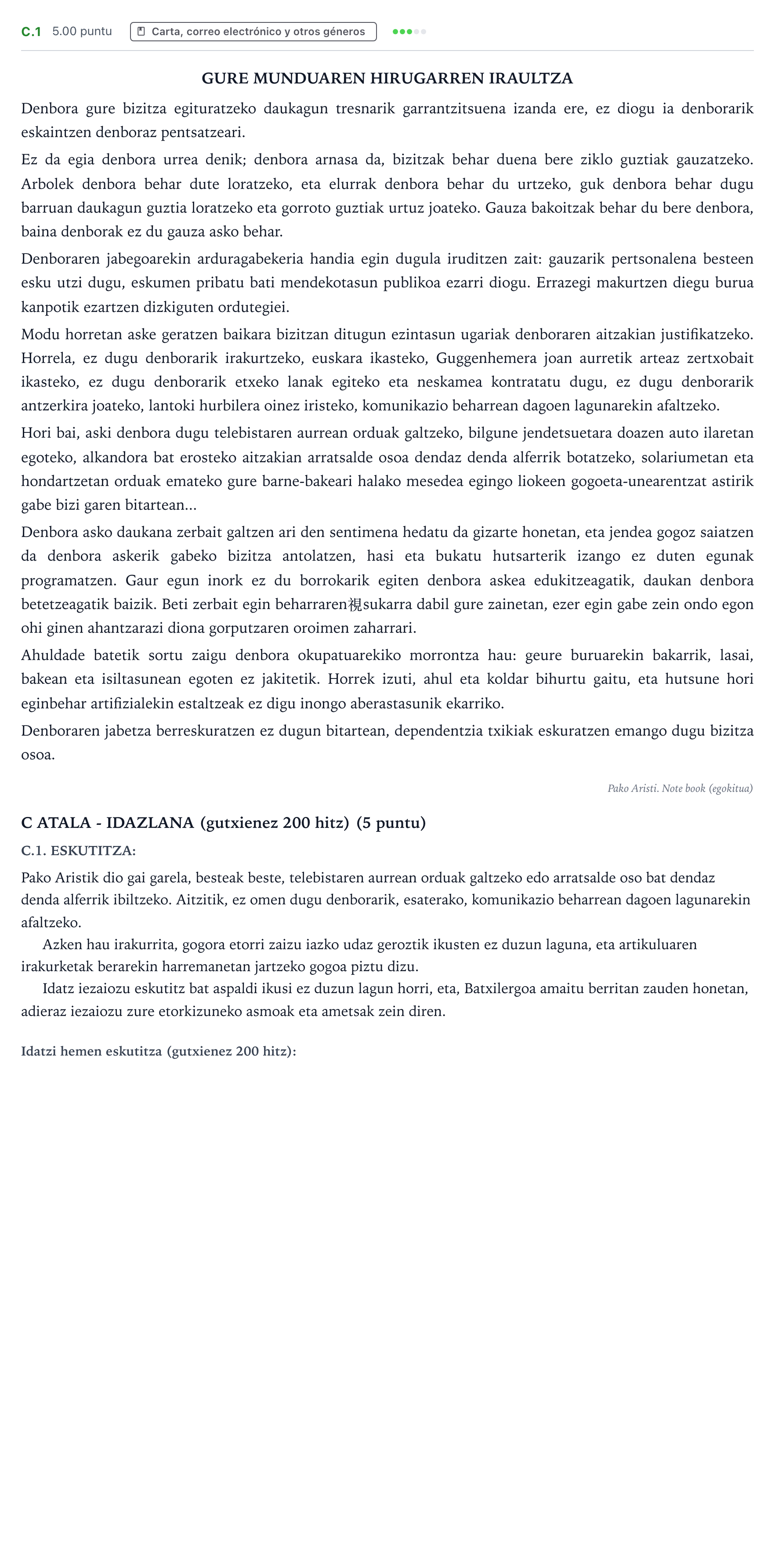 Enunciado: Ejercicio C.1 · Lengua Vasca y Literatura II PAU País Vasco Ordinaria 2022