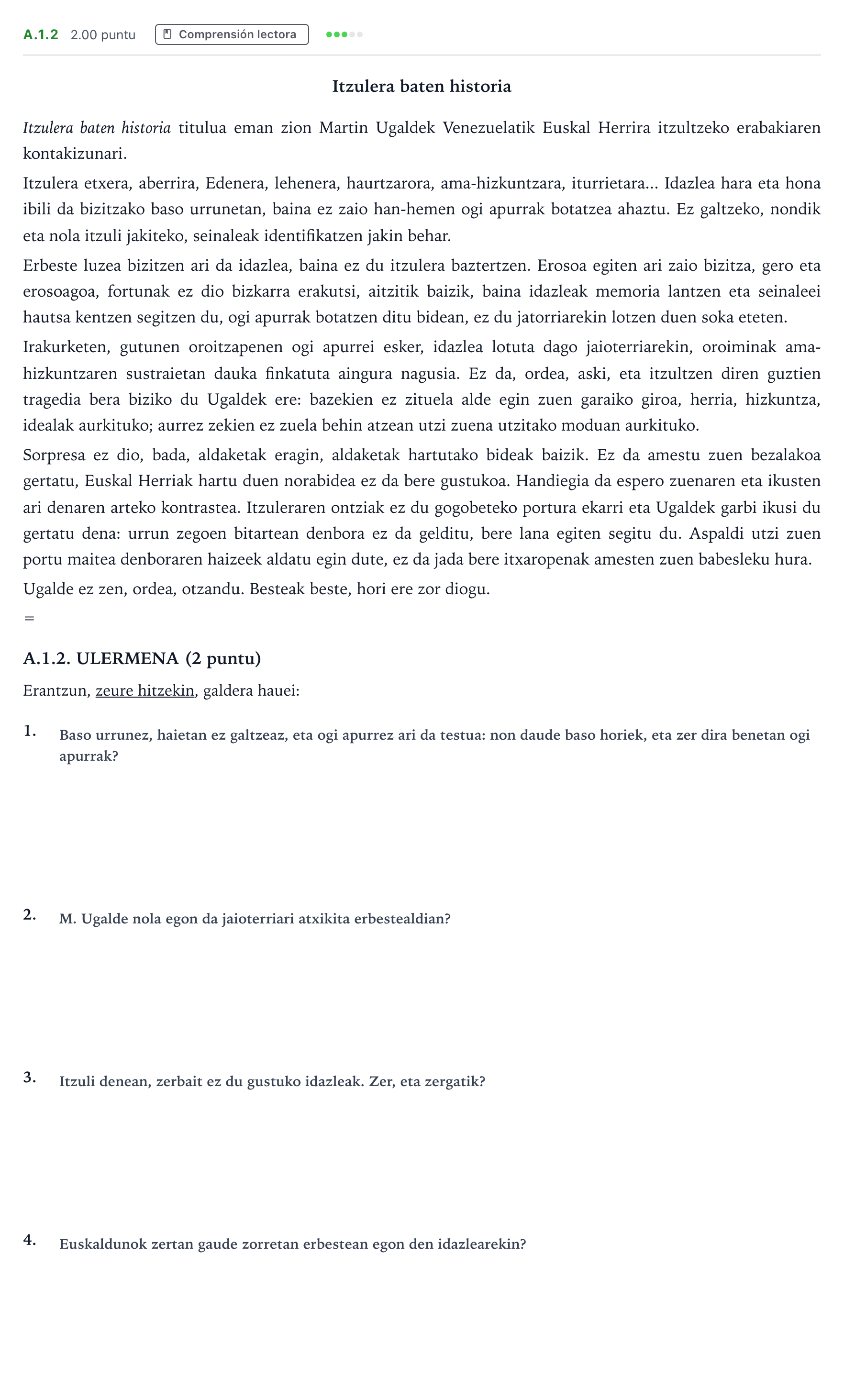 Enunciado: Ejercicio A.1.2 · Lengua Vasca y Literatura II PAU País Vasco Extraordinaria 2022