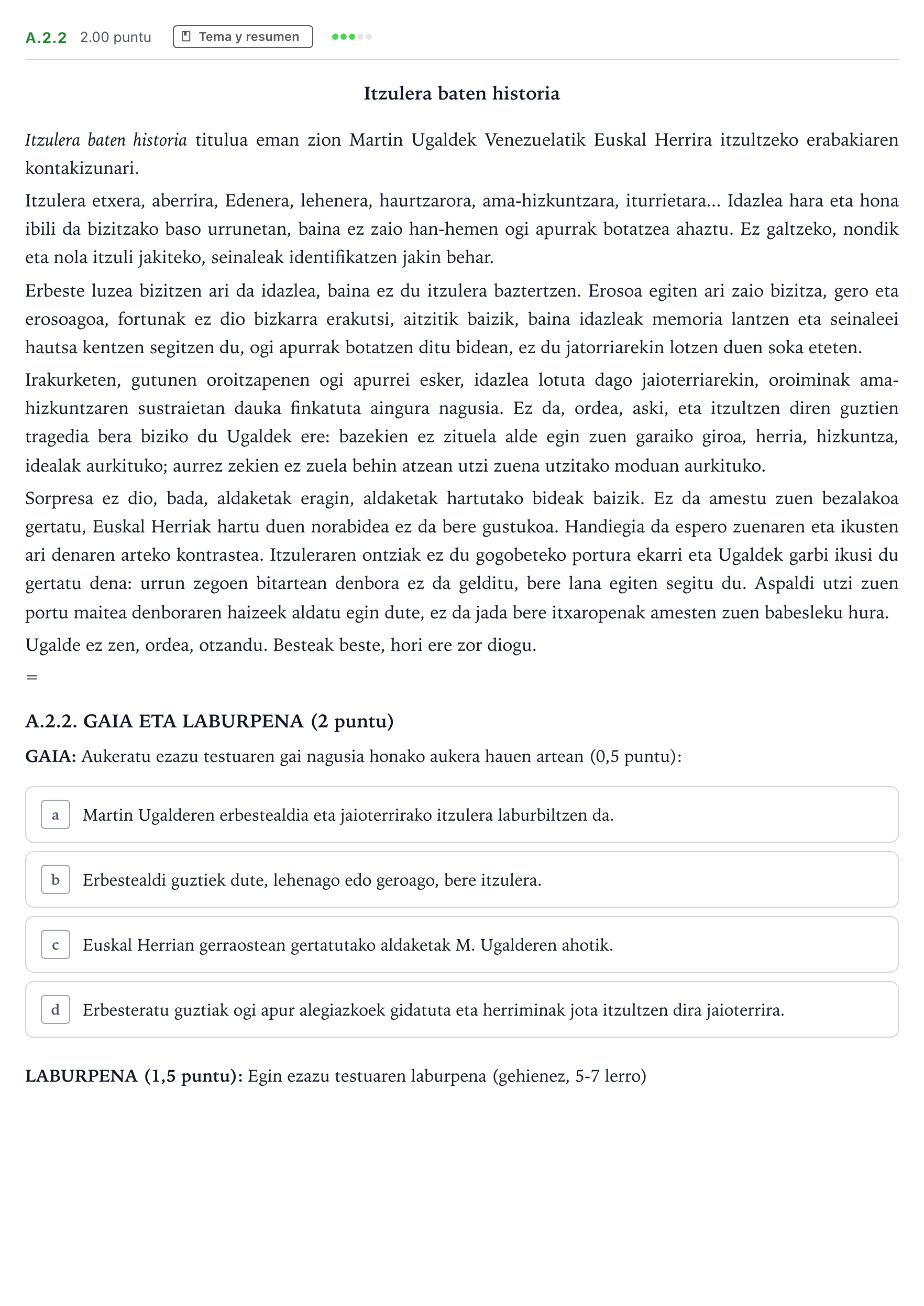 Enunciado: Ejercicio A.2.2 · Lengua Vasca y Literatura II PAU País Vasco Extraordinaria 2022