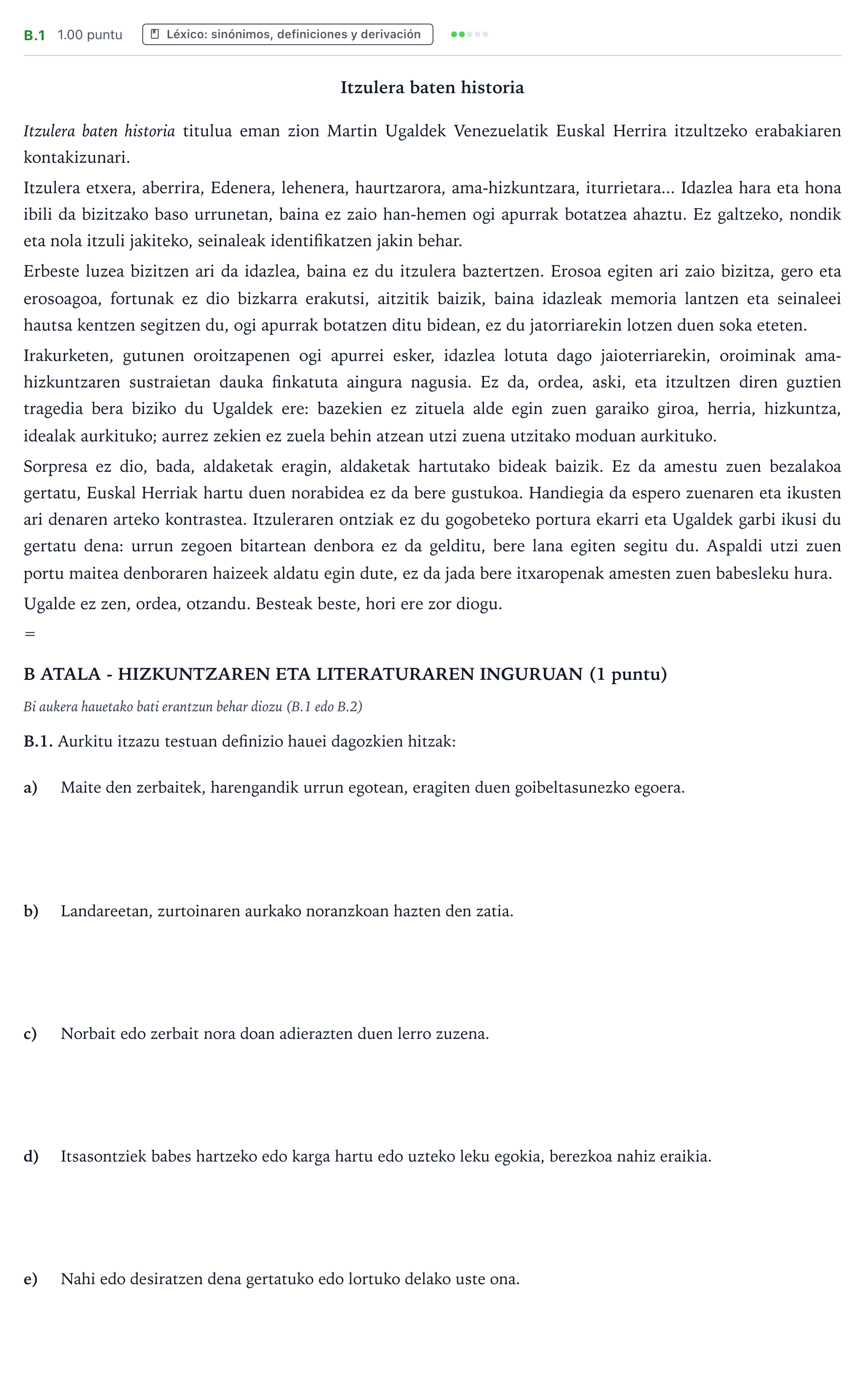 Enunciado: Ejercicio B.1 · Lengua Vasca y Literatura II PAU País Vasco Extraordinaria 2022