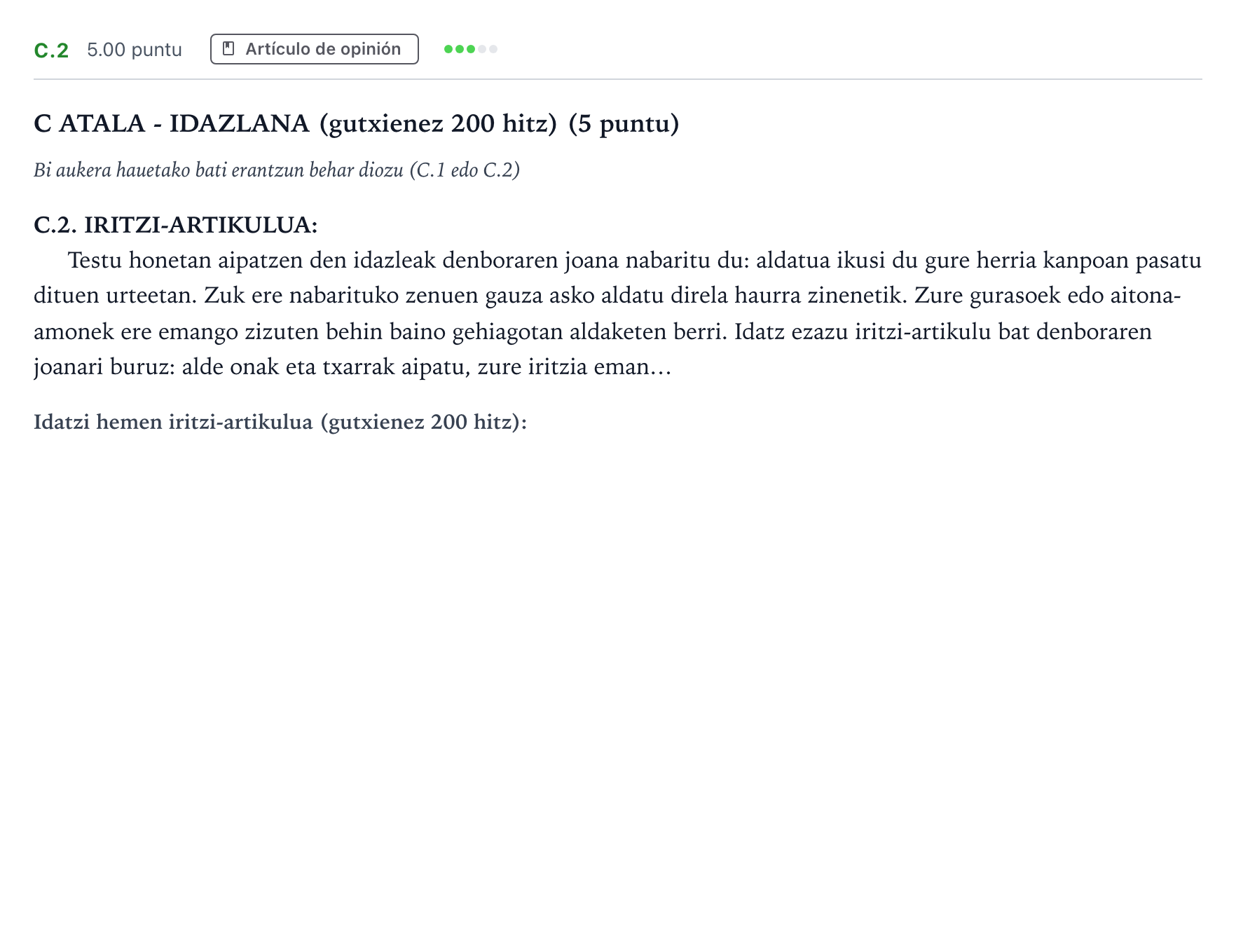 Enunciado: Ejercicio C.2 · Lengua Vasca y Literatura II PAU País Vasco Extraordinaria 2022
