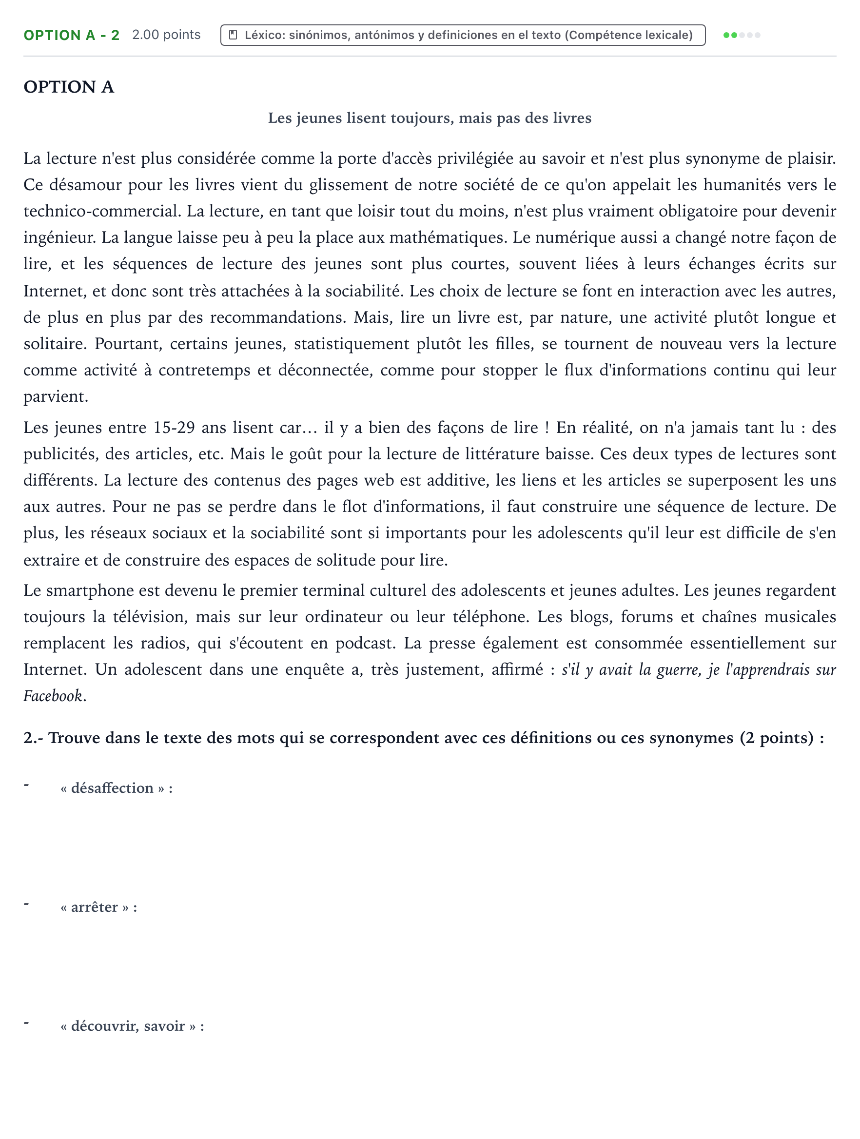 Enunciado: Ejercicio Option A - 2 · Francés PAU País Vasco Extraordinaria 2022