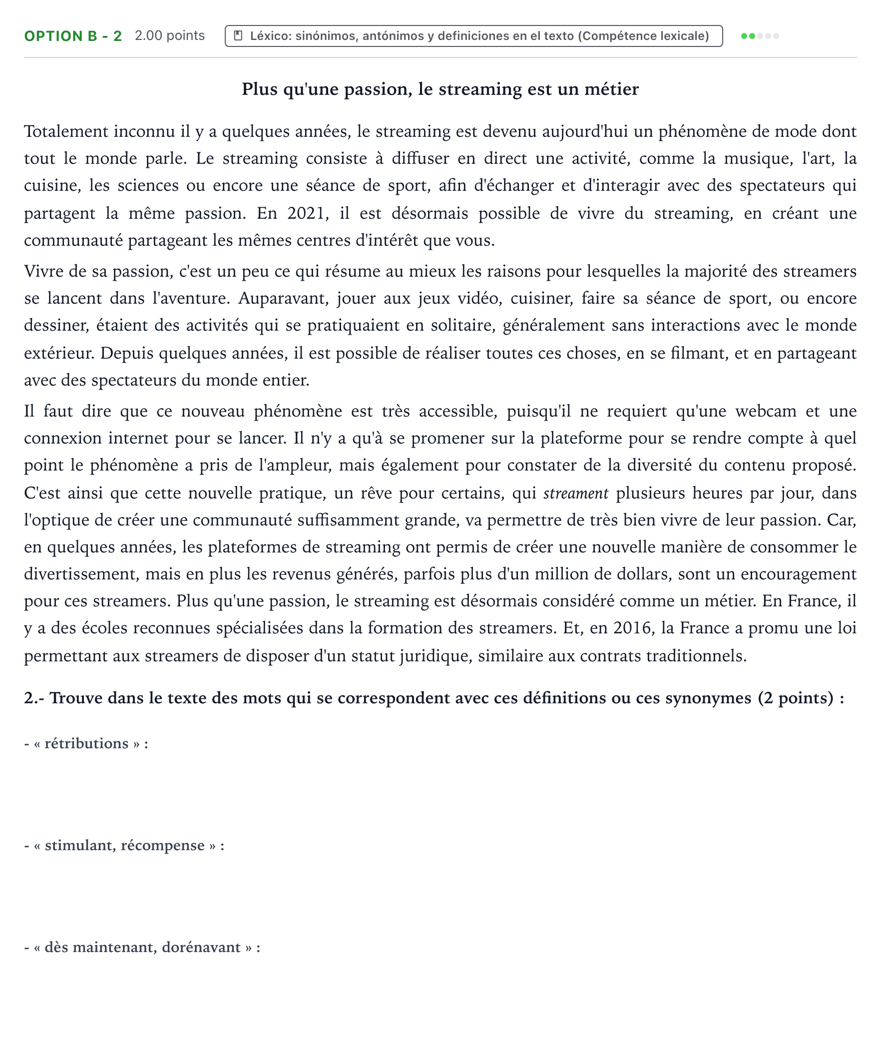 Enunciado: Ejercicio Option B - 2 · Francés PAU País Vasco Extraordinaria 2022
