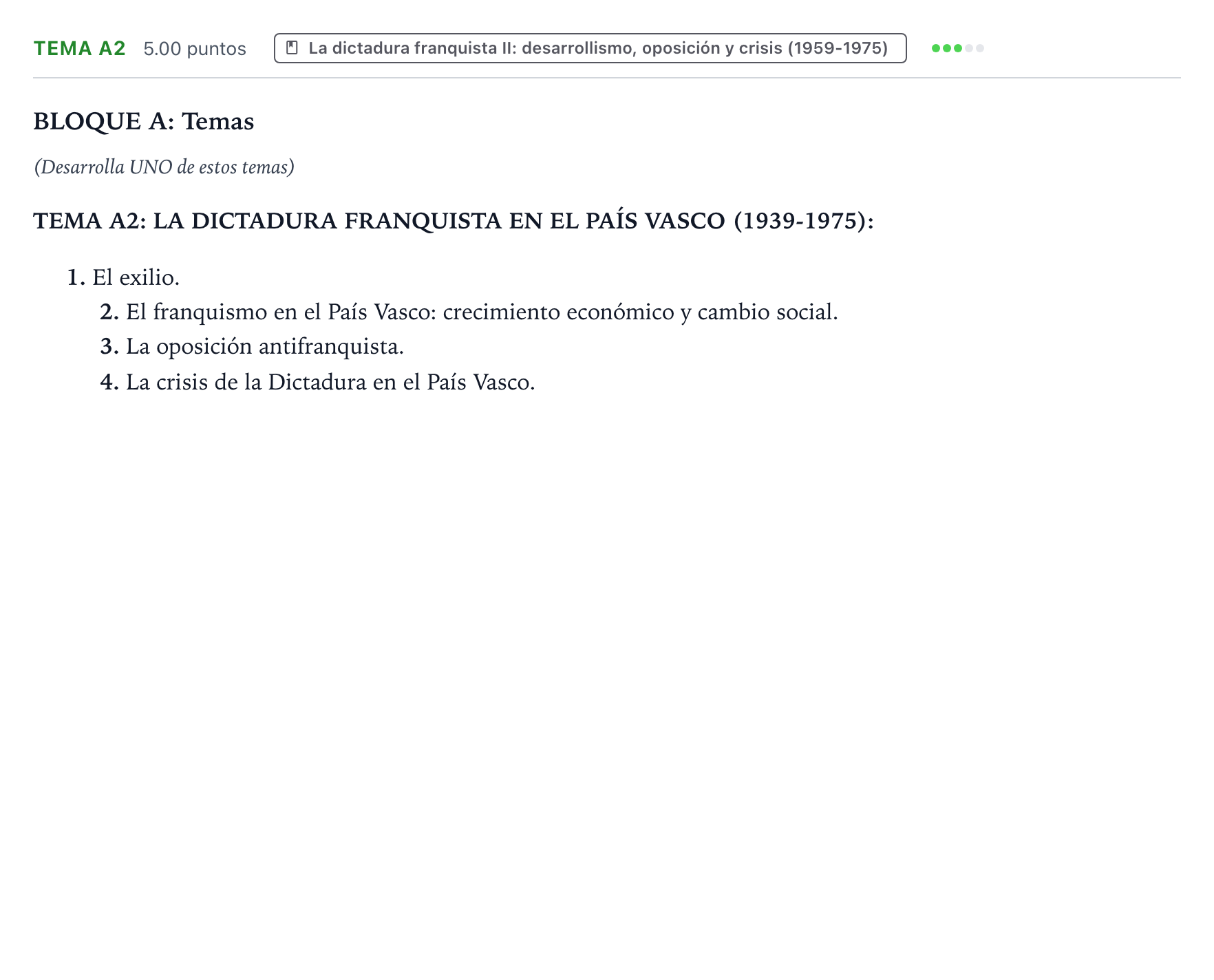 Enunciado: Ejercicio Tema A2 · Historia de España PAU País Vasco Extraordinaria 2022