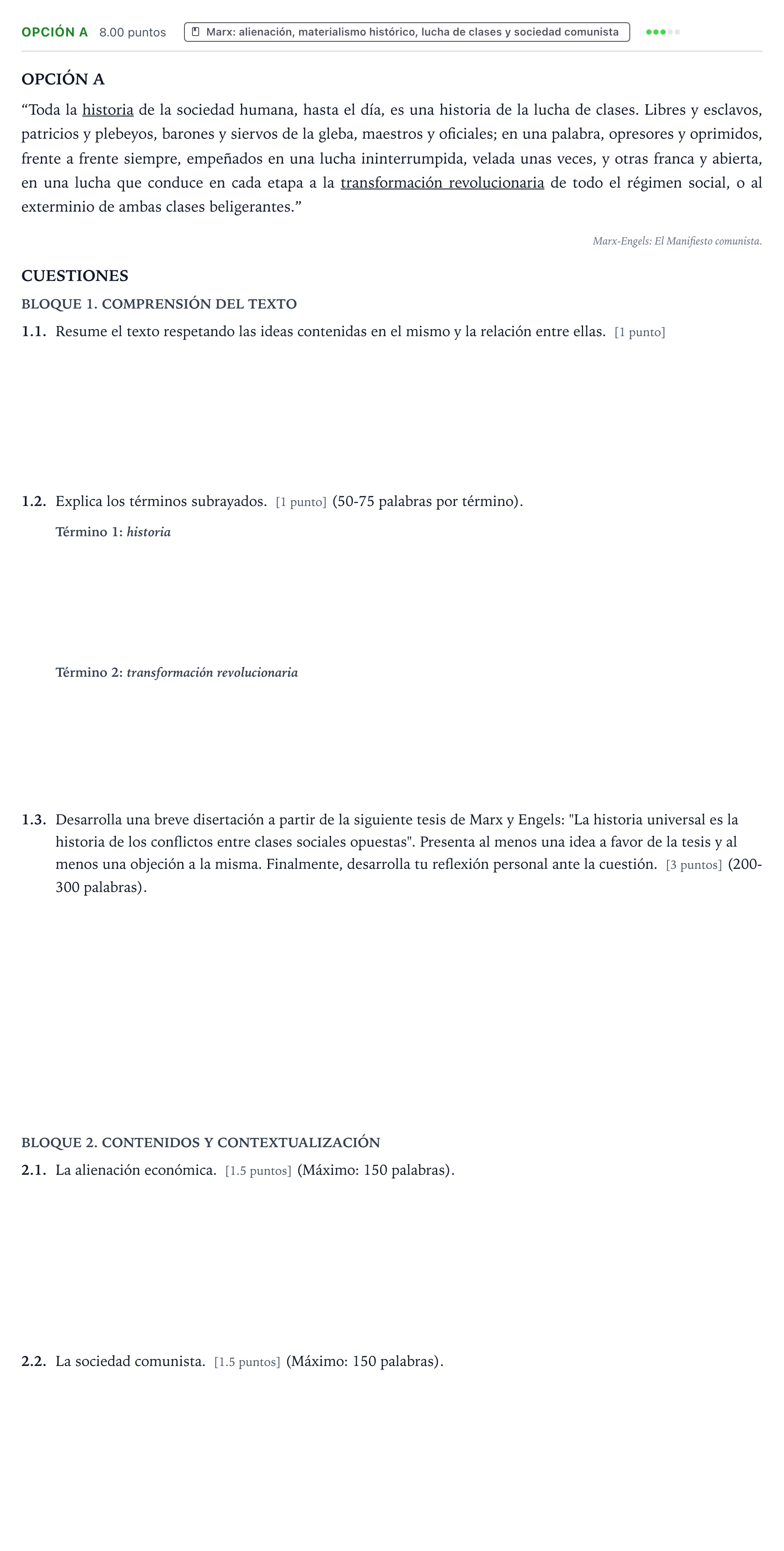 Enunciado: Opción A - Marx · Historia de la Filosofía PAU País Vasco Extraordinaria 2022
