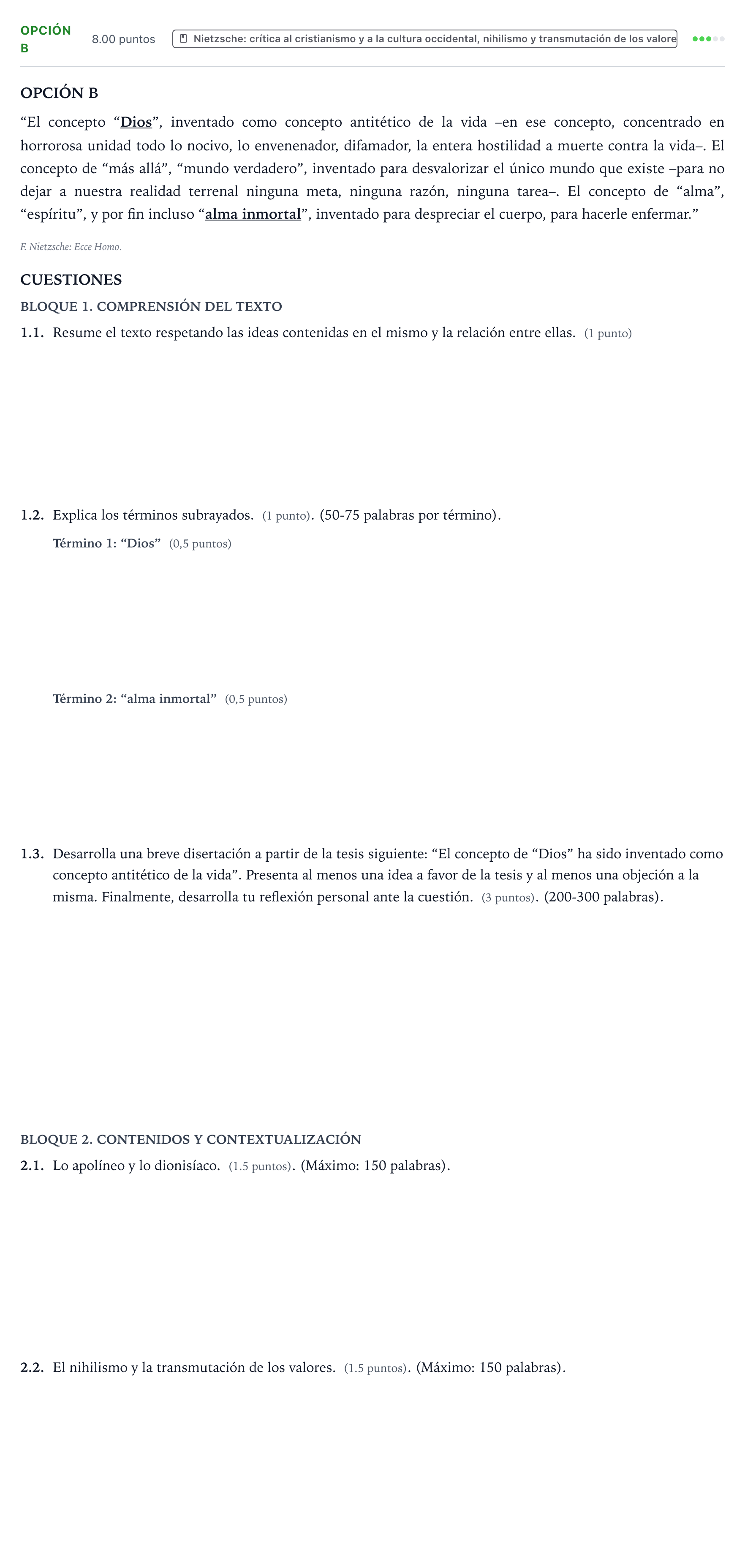 Enunciado: Opción B - Nietzsche · Historia de la Filosofía PAU País Vasco Extraordinaria 2022