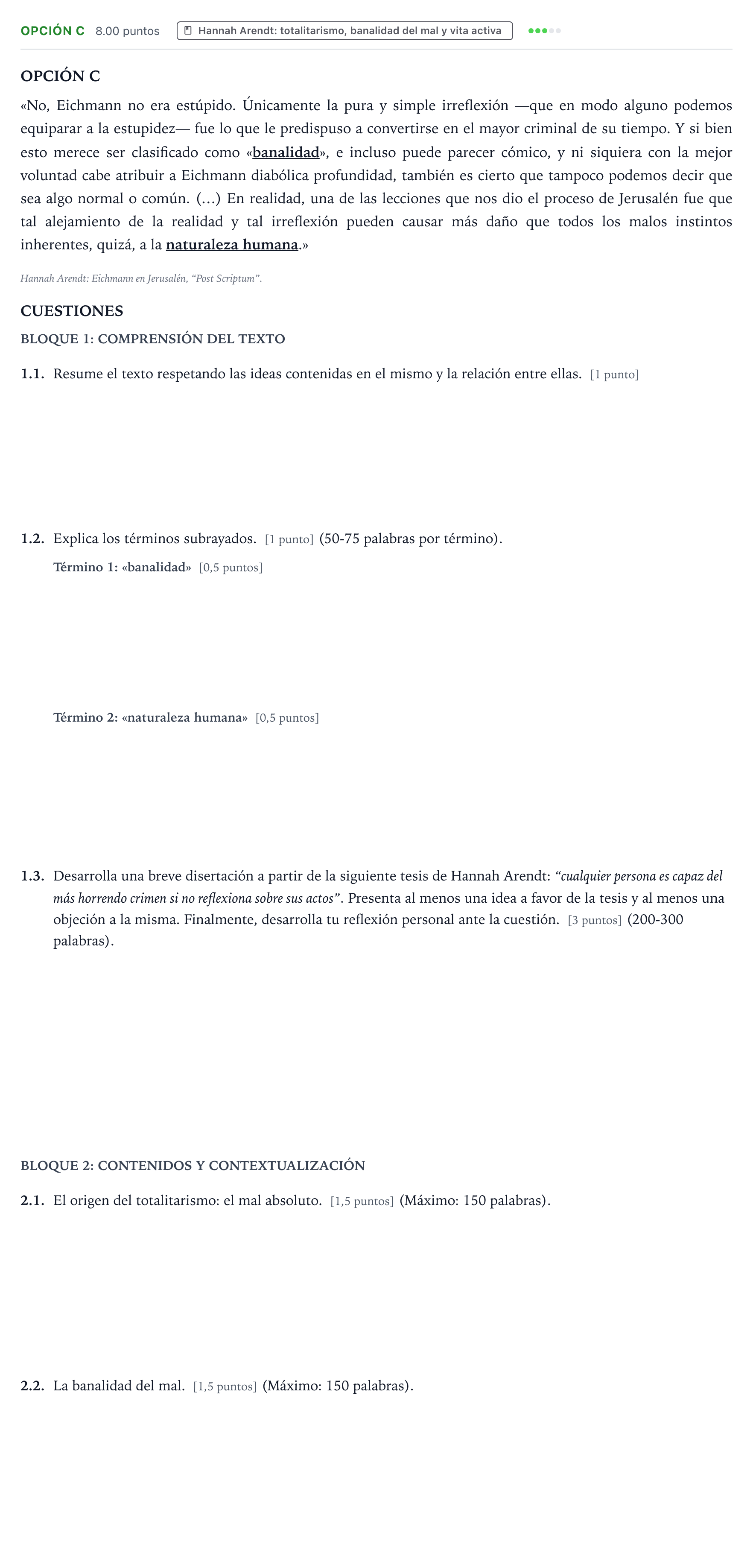 Enunciado: Opción C - Hannah Arendt · Historia de la Filosofía PAU País Vasco Extraordinaria 2022