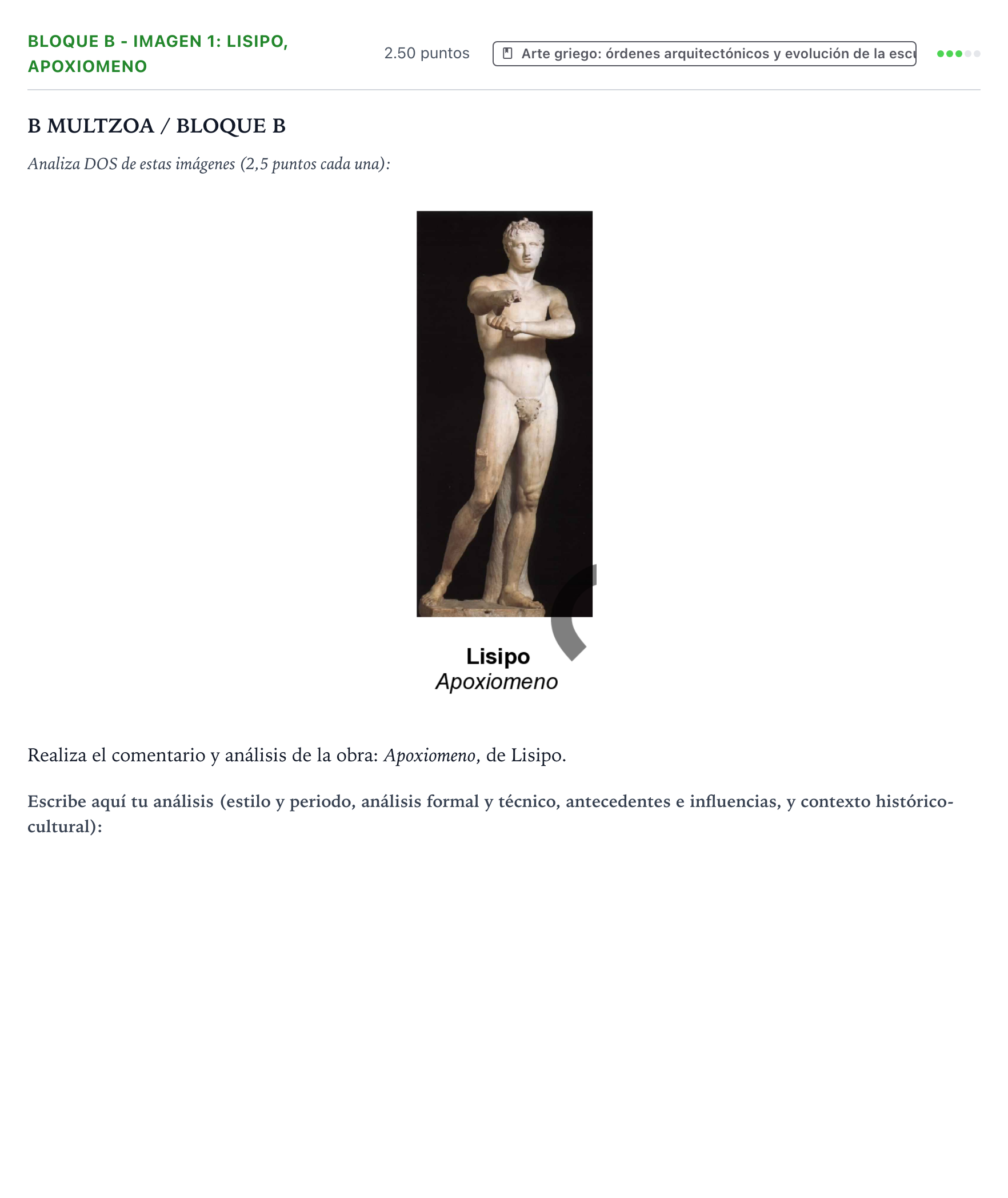 Enunciado: Bloque B - Imagen 1: Lisipo, Apoxiomeno · Historia del Arte PAU País Vasco Ordinaria 2022