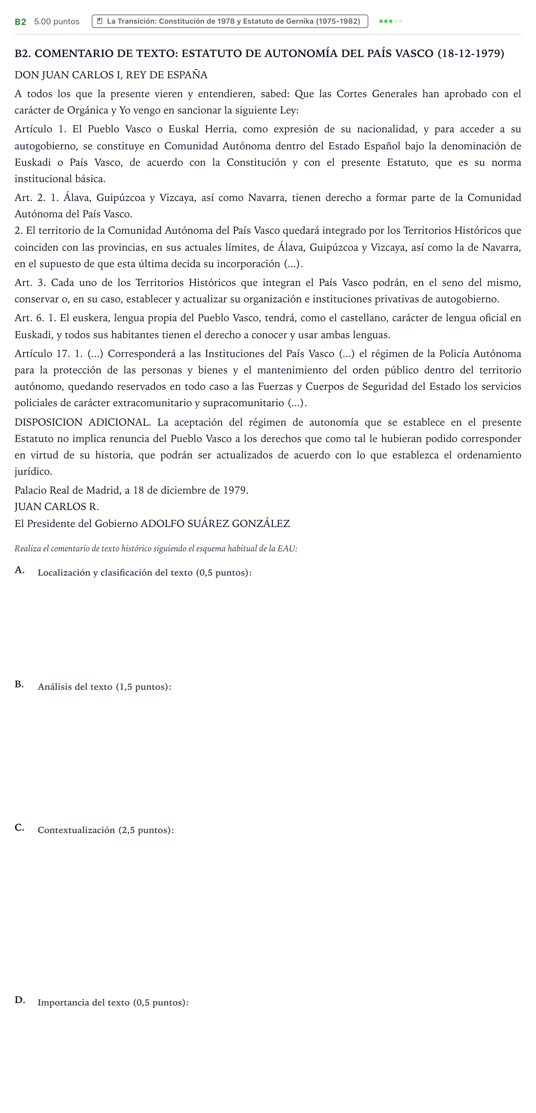 Enunciado: Ejercicio B2 · Historia de España PAU País Vasco Ordinaria 2022