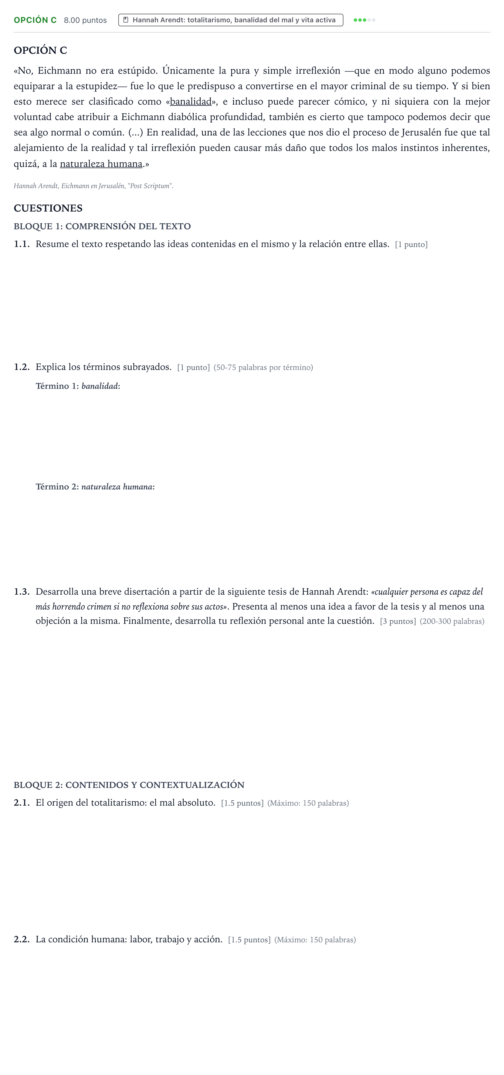 Enunciado: Opción C - Hannah Arendt · Historia de la Filosofía PAU País Vasco Ordinaria 2022