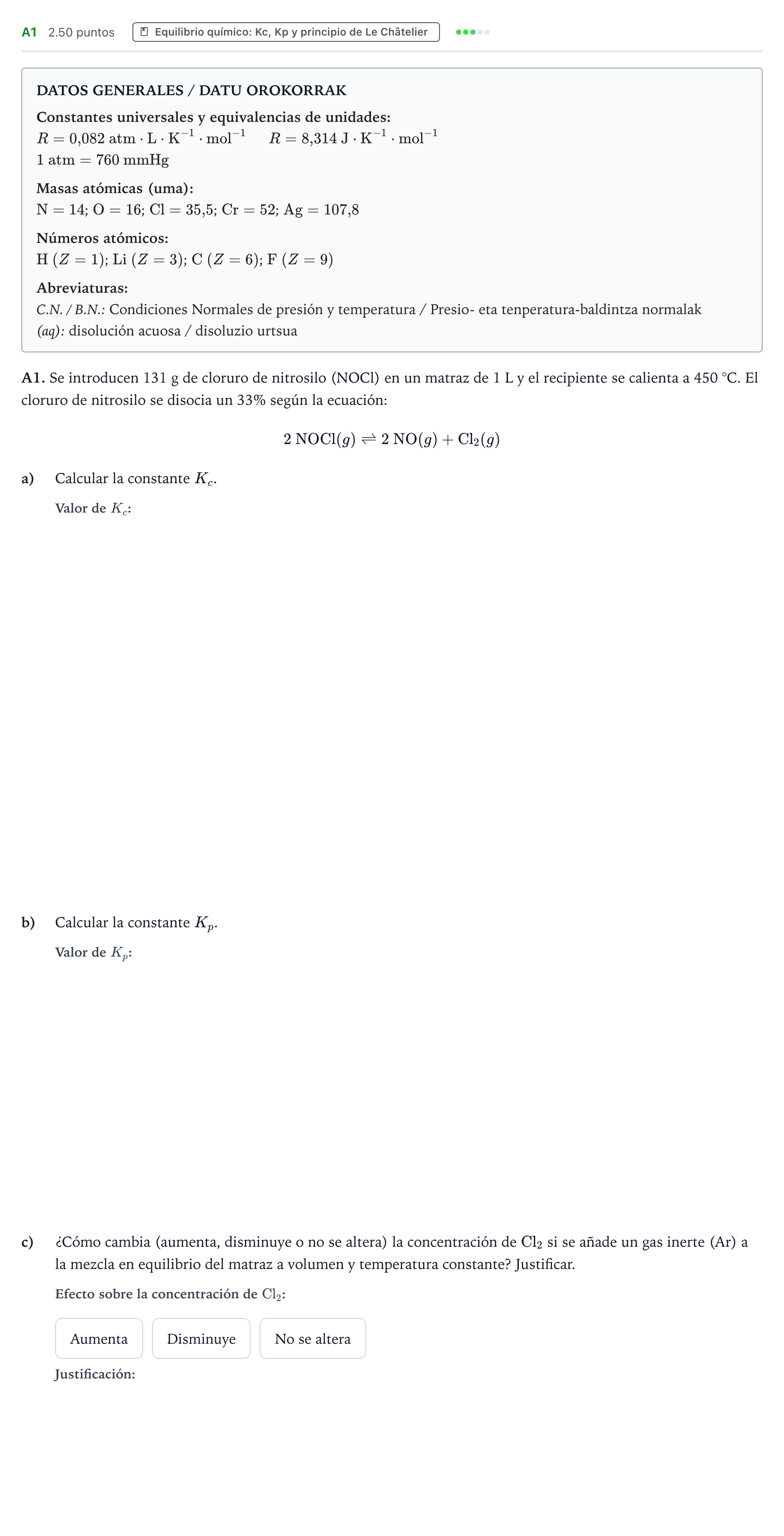 Enunciado: Ejercicio A1 · Química PAU País Vasco Ordinaria 2022
