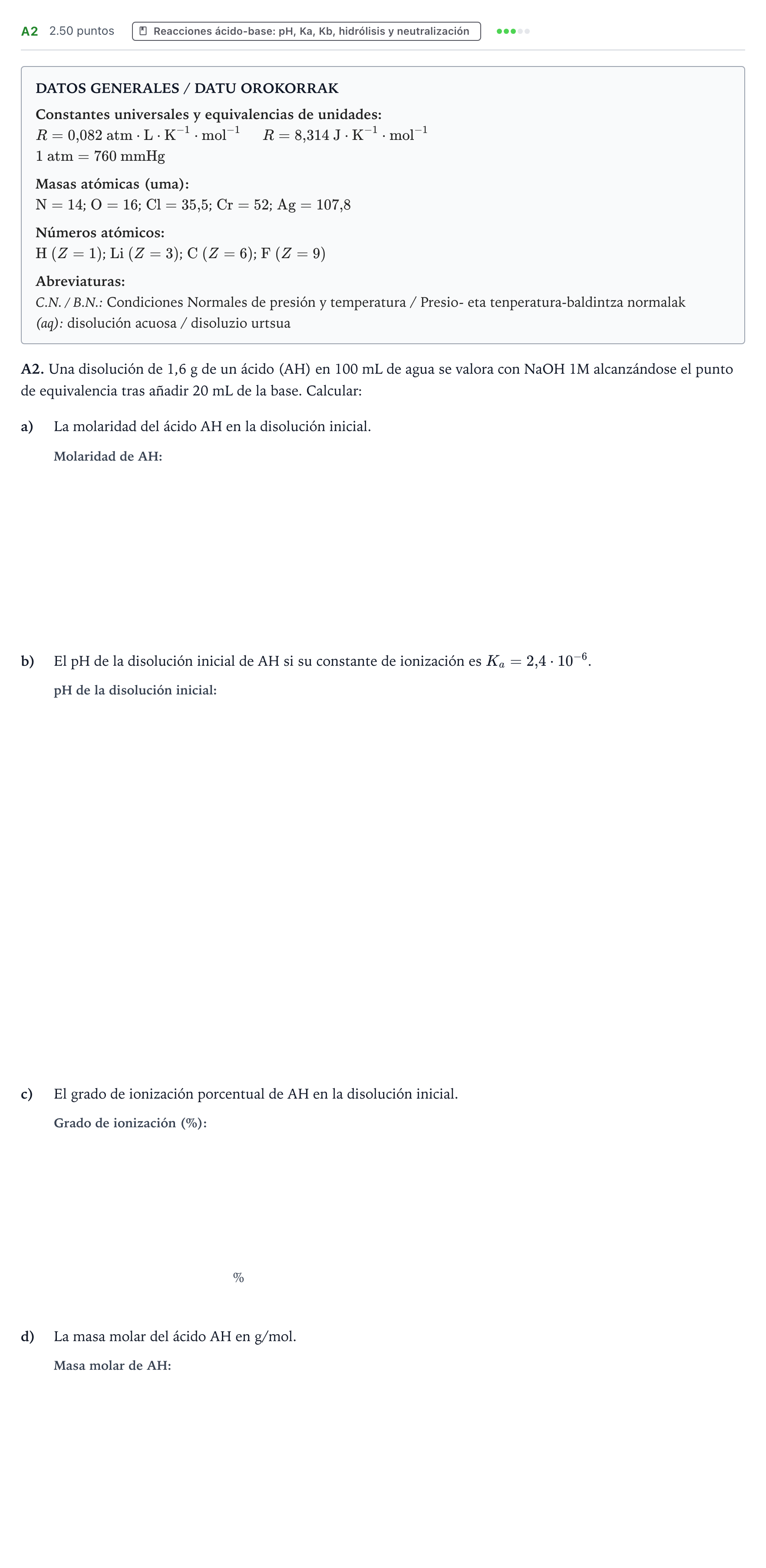 Enunciado: Ejercicio A2 · Química PAU País Vasco Ordinaria 2022