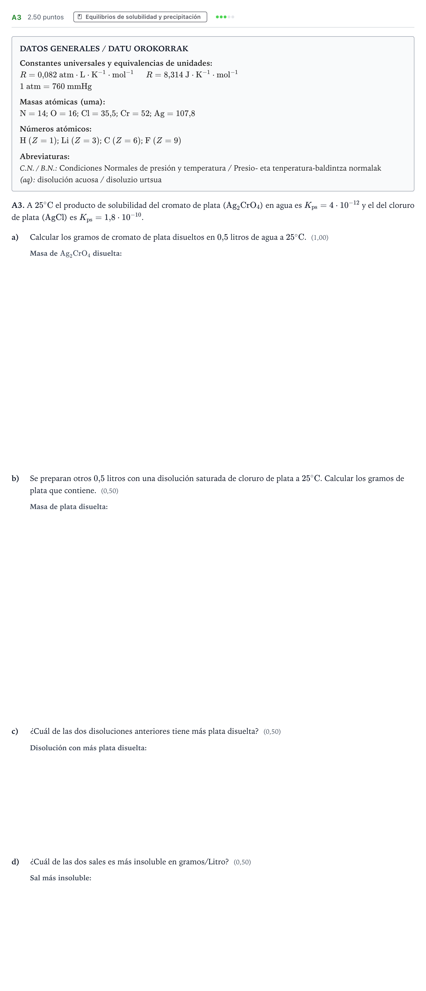 Enunciado: Ejercicio A3 · Química PAU País Vasco Ordinaria 2022
