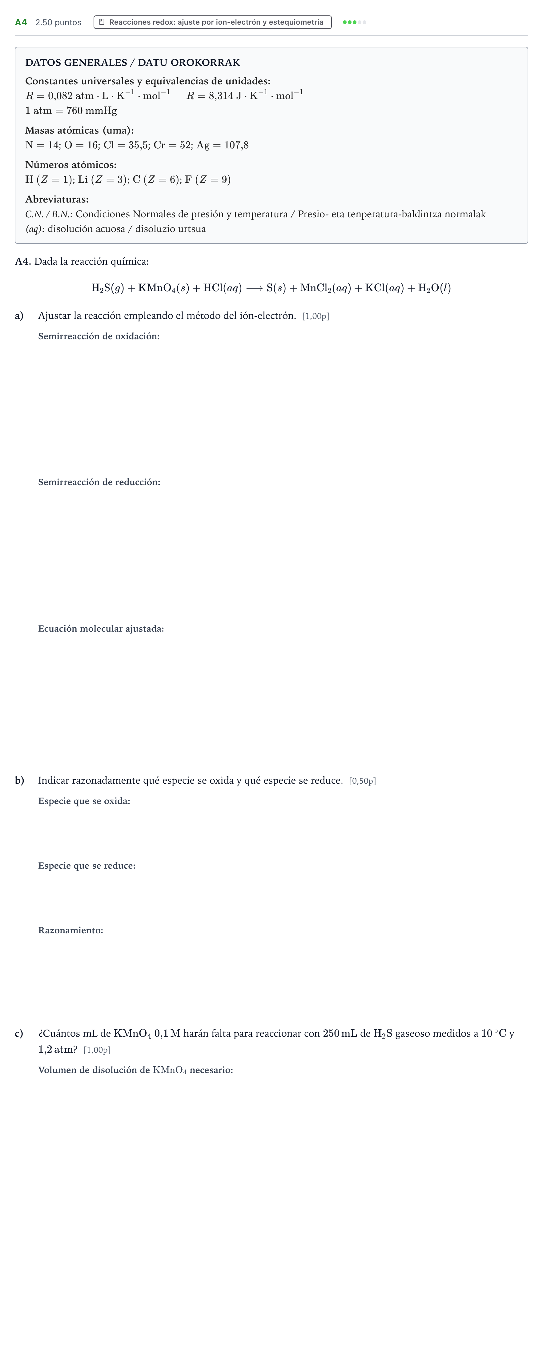 Enunciado: Ejercicio A4 · Química PAU País Vasco Ordinaria 2022