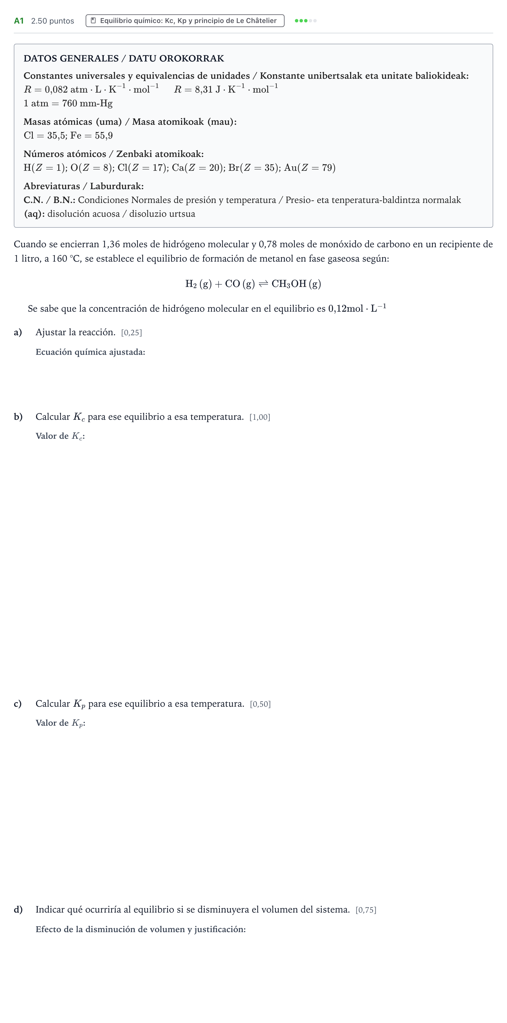 Enunciado: Ejercicio A1 · Química PAU País Vasco Extraordinaria 2022
