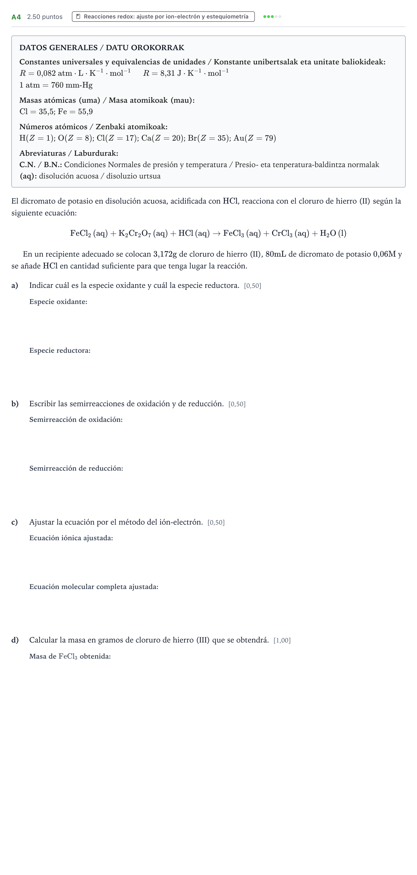 Enunciado: Ejercicio A4 · Química PAU País Vasco Extraordinaria 2022