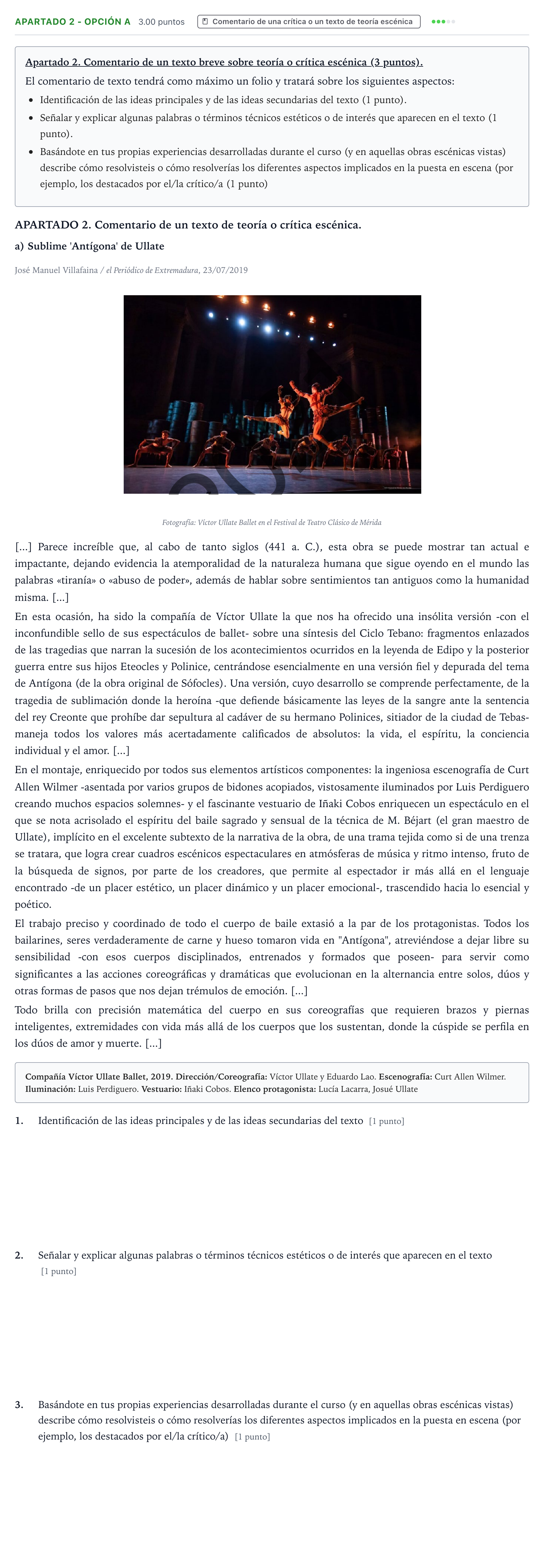 Enunciado: Apartado 2 - Opción A · Artes Escénicas PAU País Vasco Extraordinaria 2021