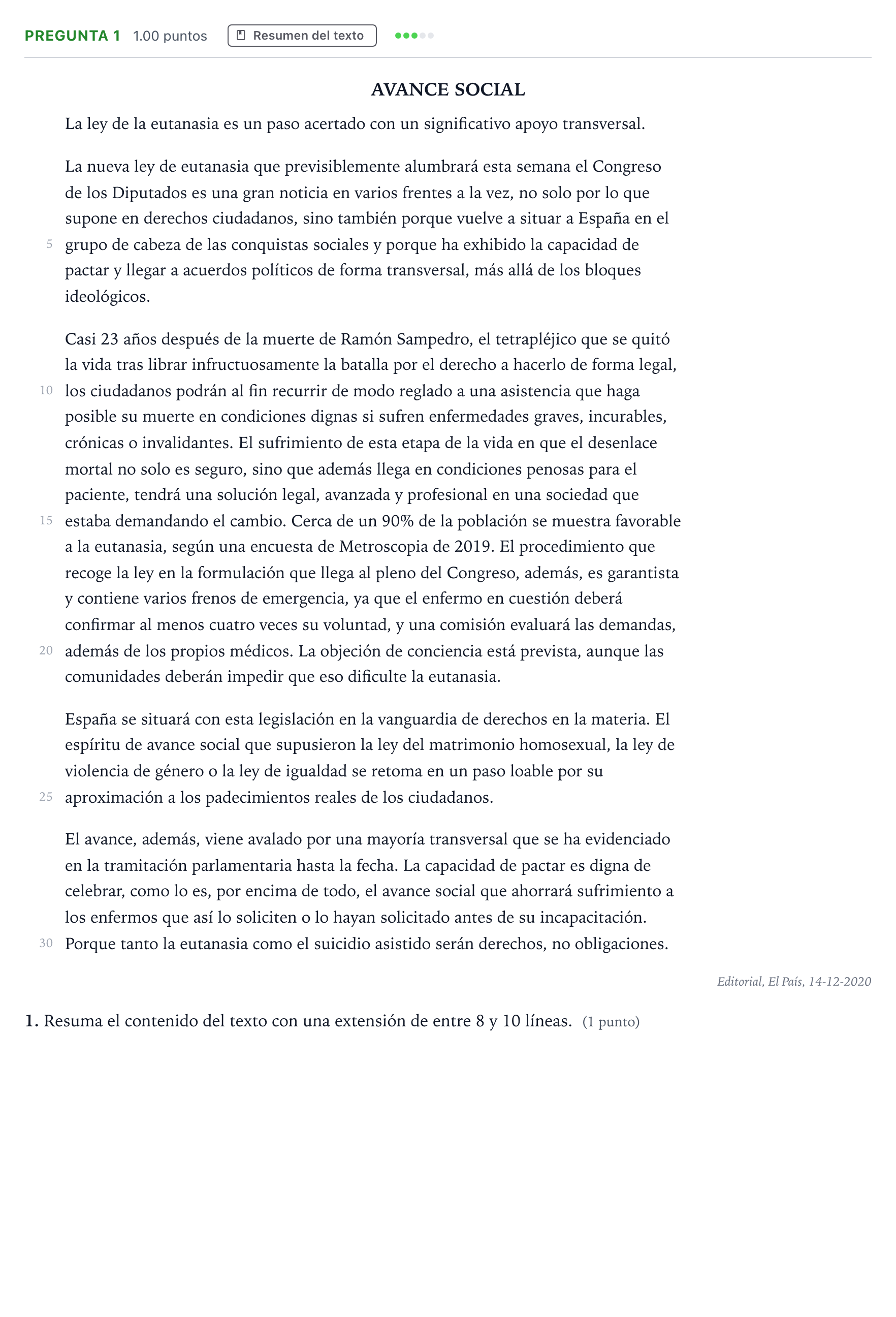 Enunciado: Pregunta 1 · Lengua Castellana y Literatura II PAU País Vasco Extraordinaria 2021