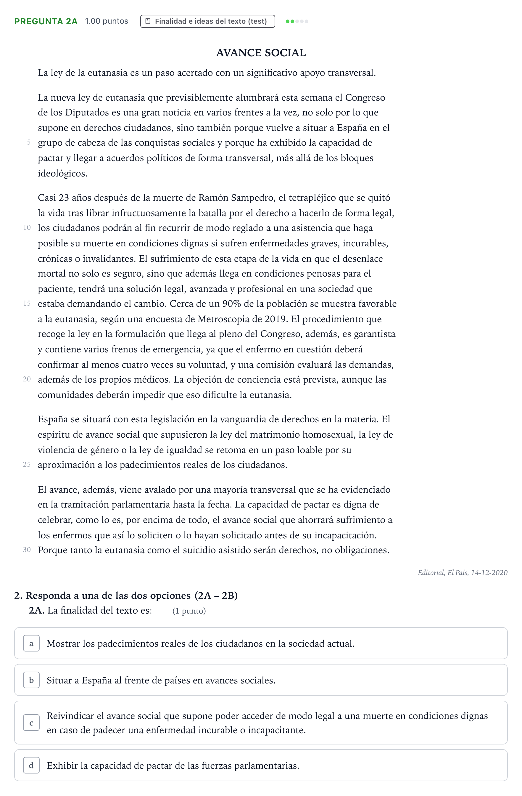 Enunciado: Pregunta 2A · Lengua Castellana y Literatura II PAU País Vasco Extraordinaria 2021