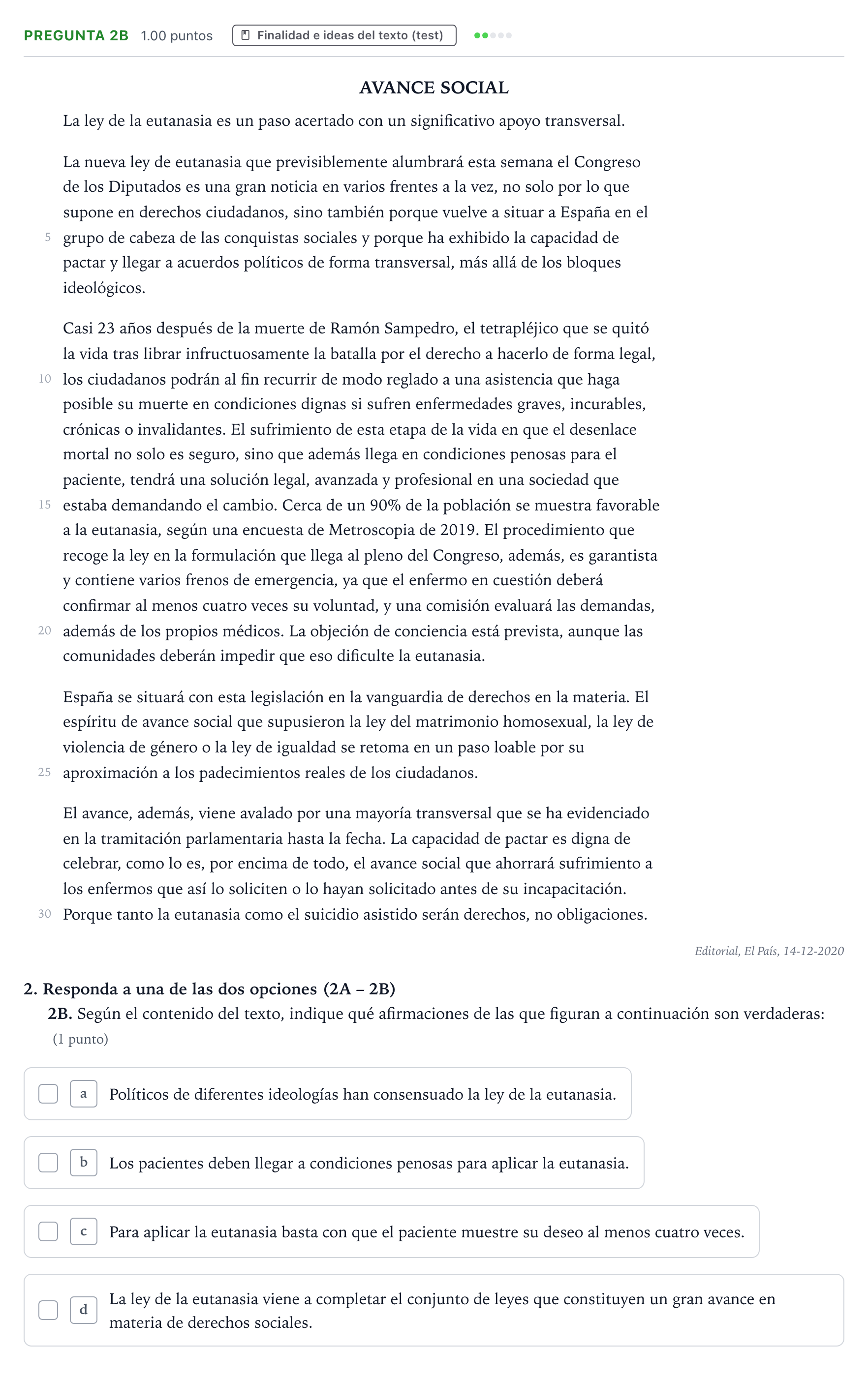 Enunciado: Pregunta 2B · Lengua Castellana y Literatura II PAU País Vasco Extraordinaria 2021