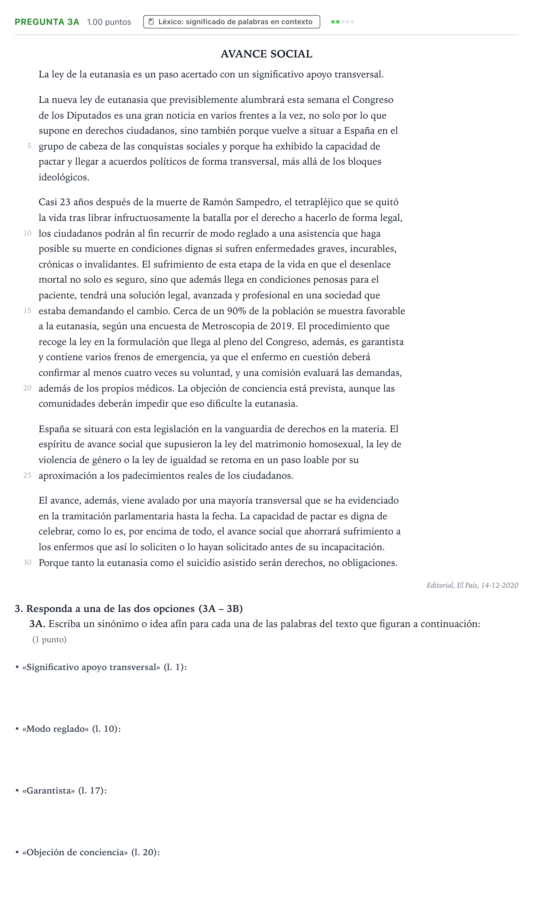 Enunciado: Pregunta 3A · Lengua Castellana y Literatura II PAU País Vasco Extraordinaria 2021