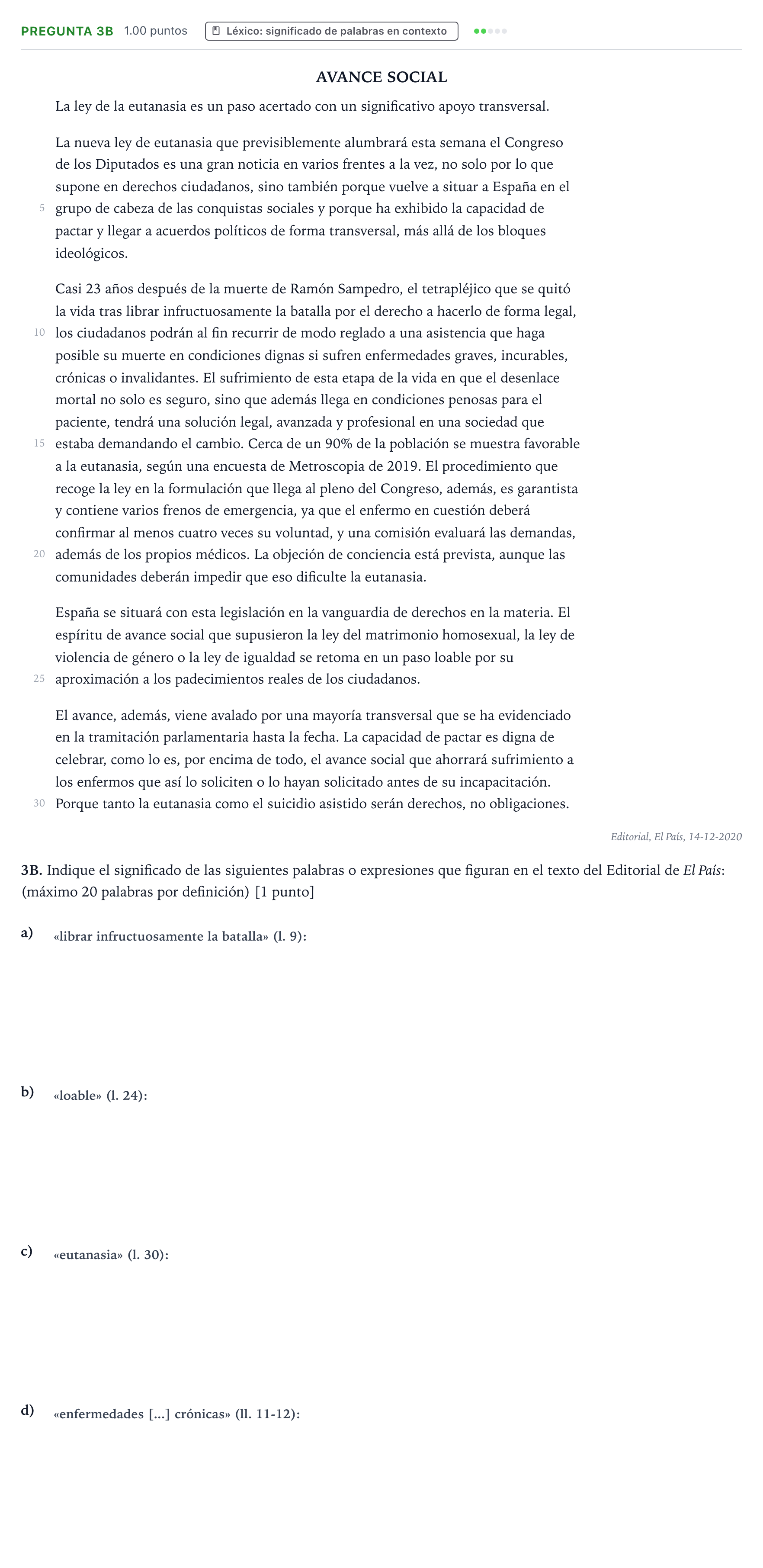 Enunciado: Pregunta 3B · Lengua Castellana y Literatura II PAU País Vasco Extraordinaria 2021