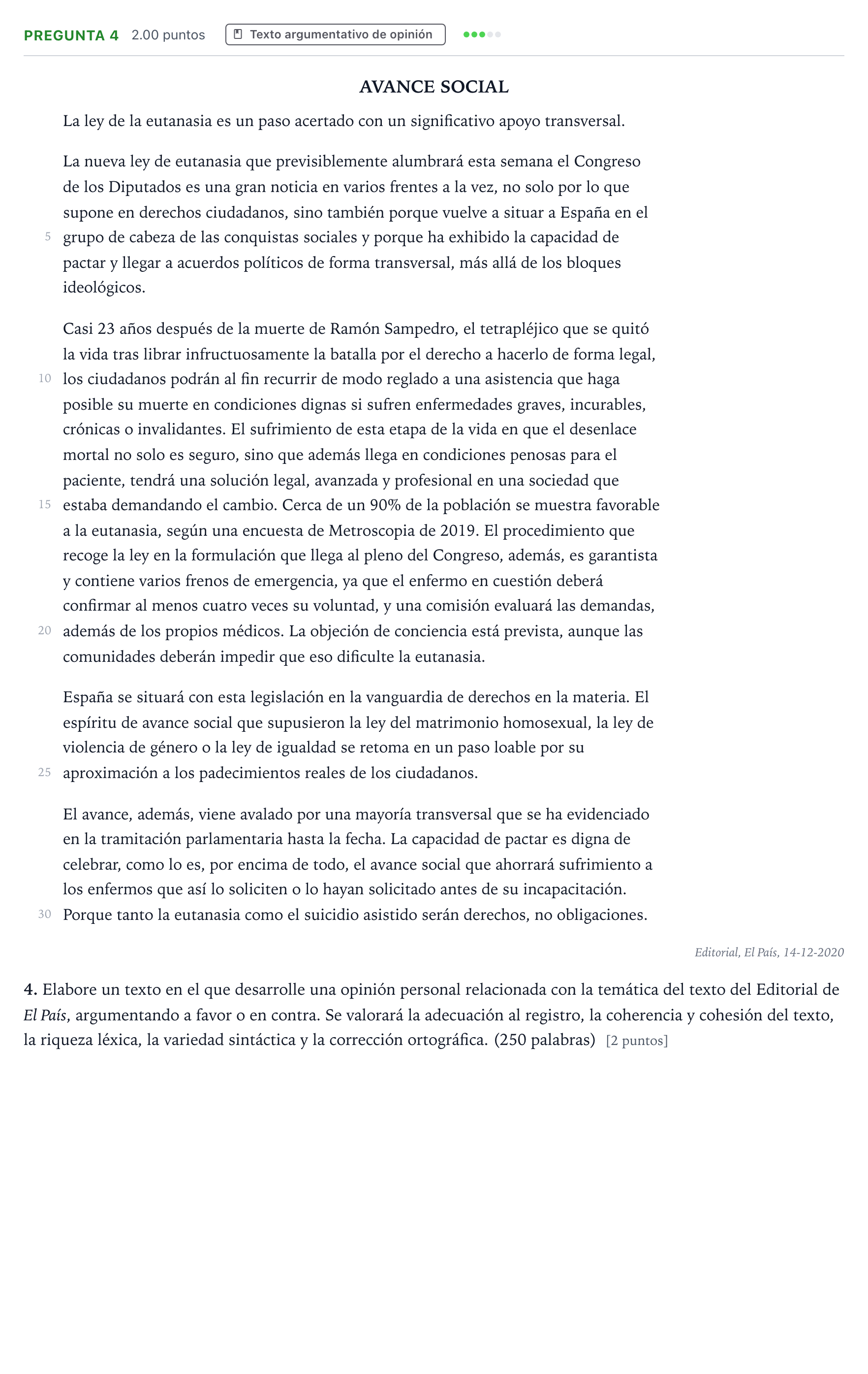 Enunciado: Pregunta 4 · Lengua Castellana y Literatura II PAU País Vasco Extraordinaria 2021