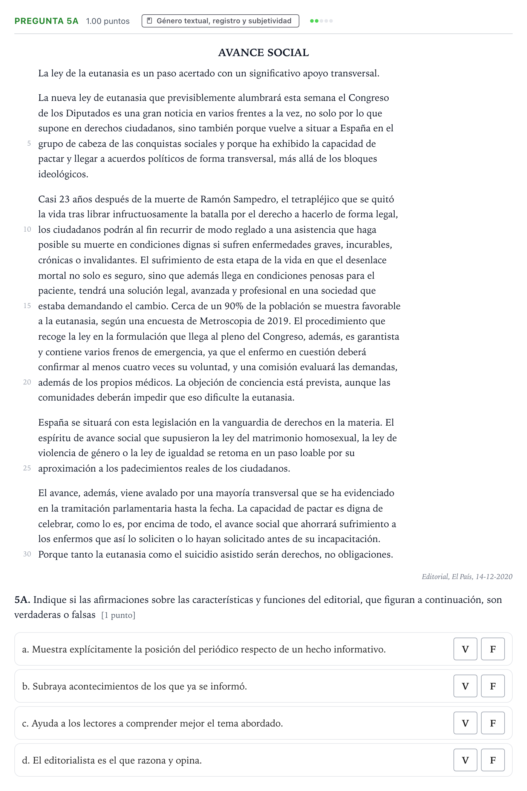 Enunciado: Pregunta 5A · Lengua Castellana y Literatura II PAU País Vasco Extraordinaria 2021