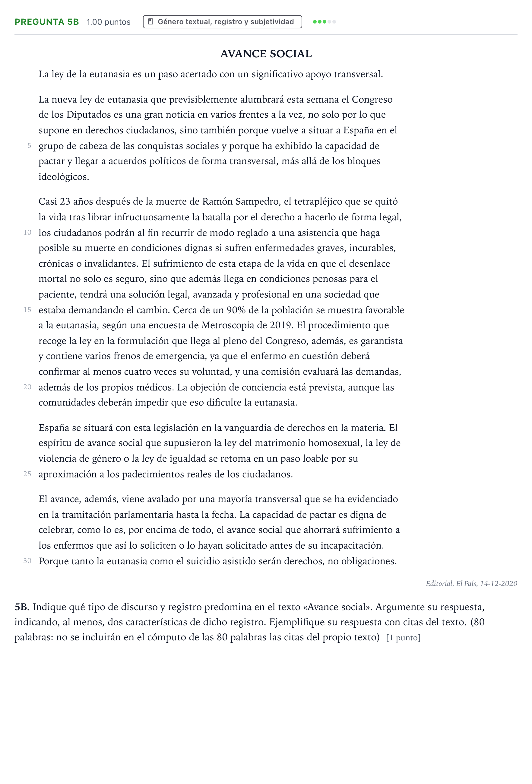 Enunciado: Pregunta 5B · Lengua Castellana y Literatura II PAU País Vasco Extraordinaria 2021
