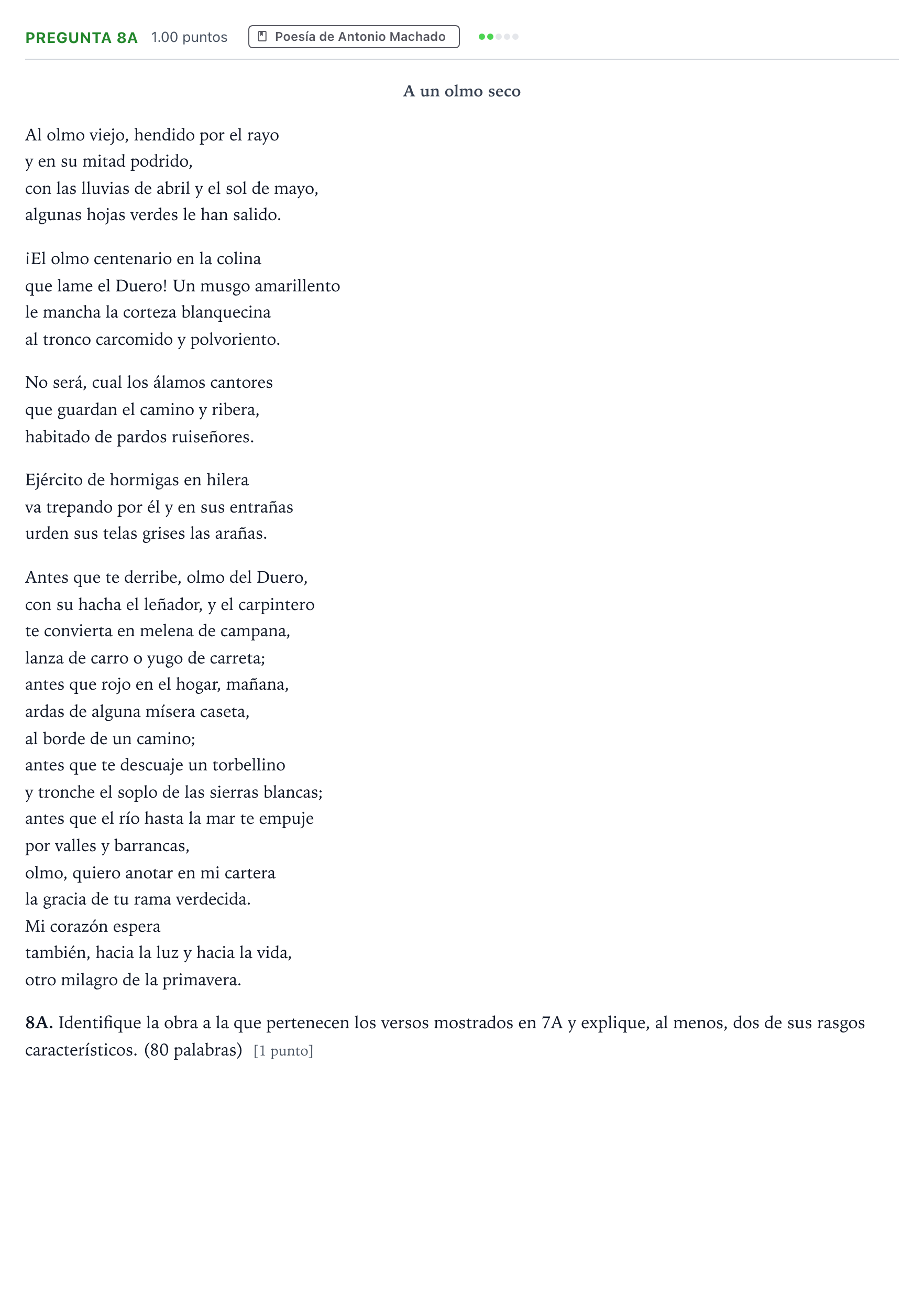 Enunciado: Pregunta 8A · Lengua Castellana y Literatura II PAU País Vasco Extraordinaria 2021