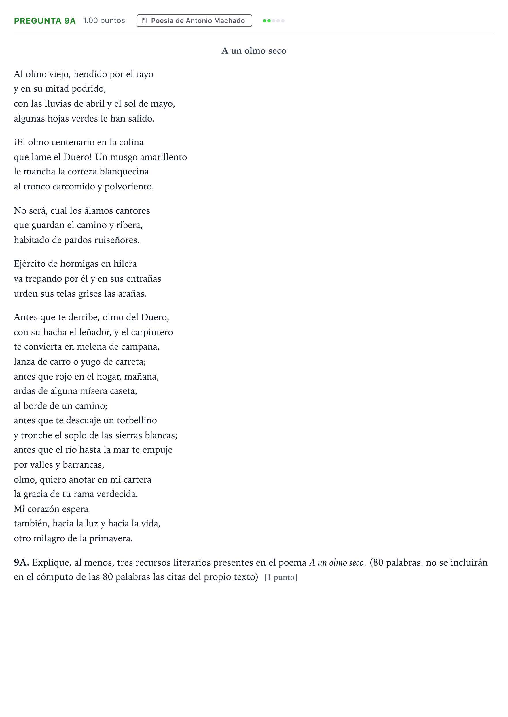 Enunciado: Pregunta 9A · Lengua Castellana y Literatura II PAU País Vasco Extraordinaria 2021