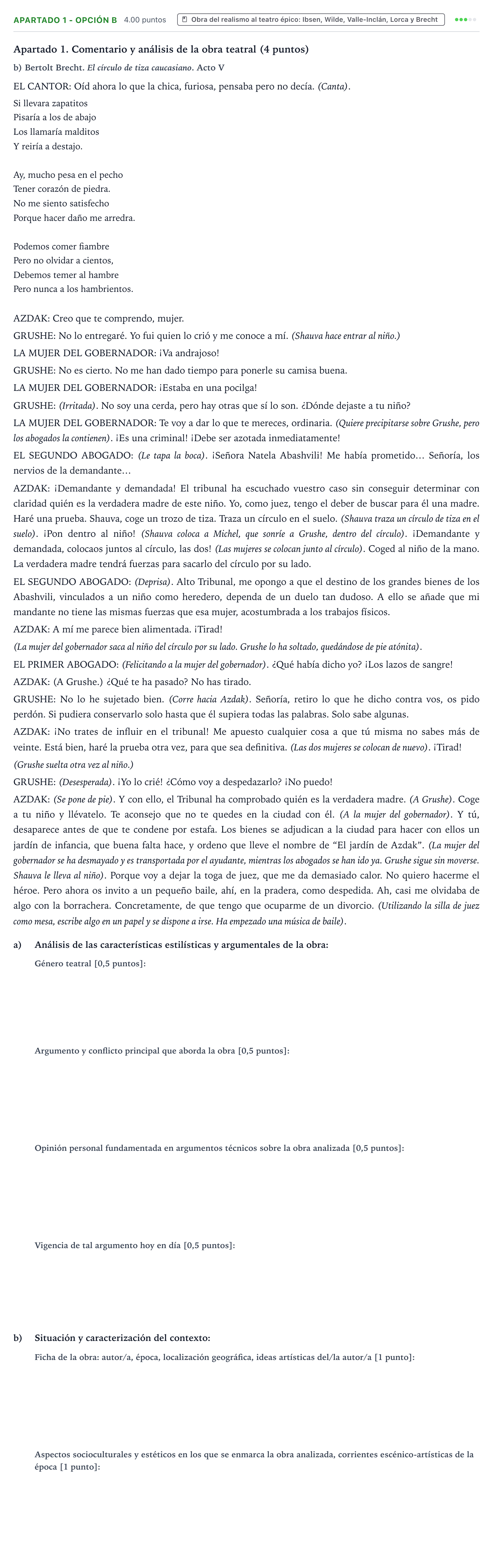 Enunciado: Apartado 1 - Opción B · Artes Escénicas PAU País Vasco Ordinaria 2021
