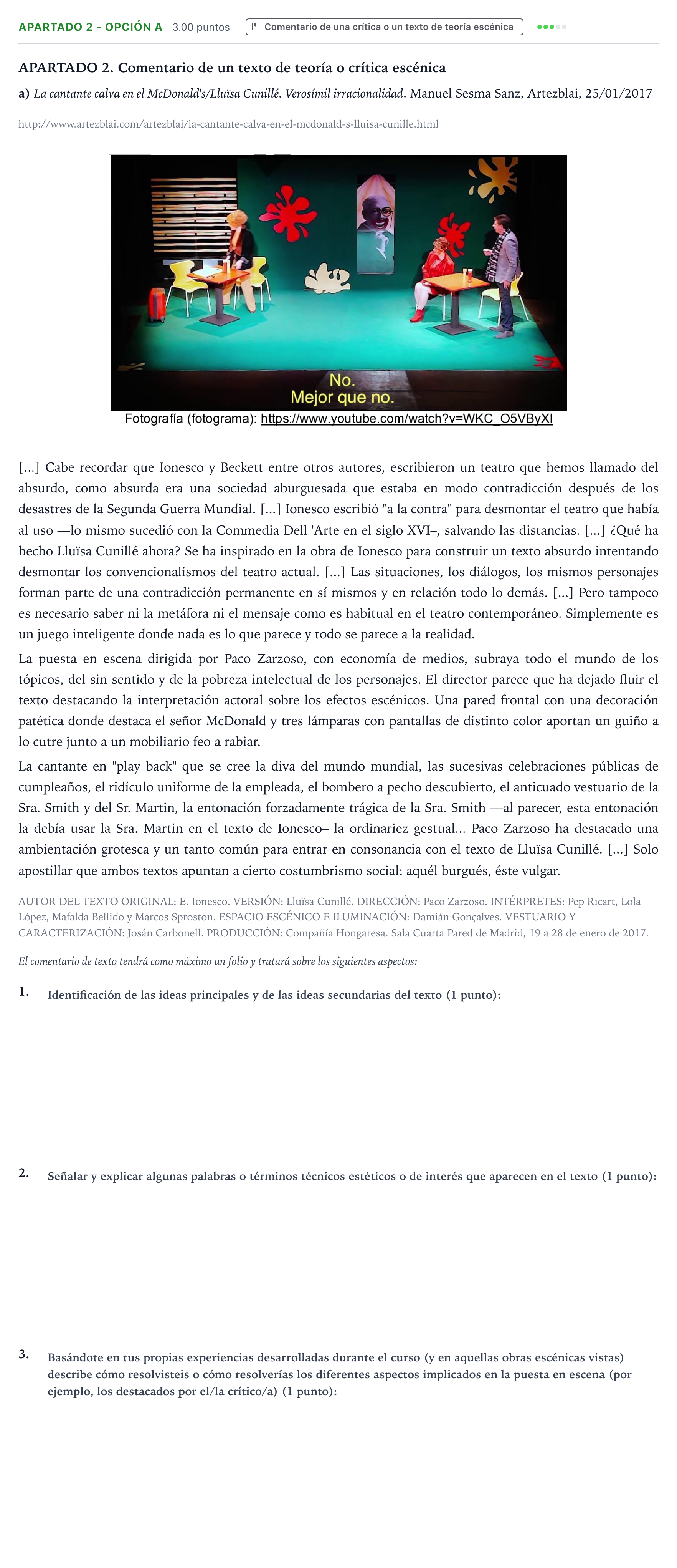 Enunciado: Apartado 2 - Opción A · Artes Escénicas PAU País Vasco Ordinaria 2021