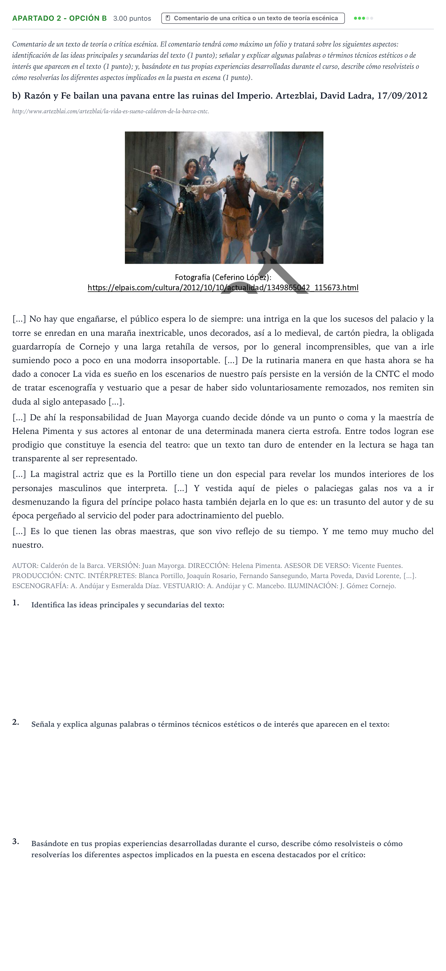 Enunciado: Apartado 2 - Opción B · Artes Escénicas PAU País Vasco Ordinaria 2021