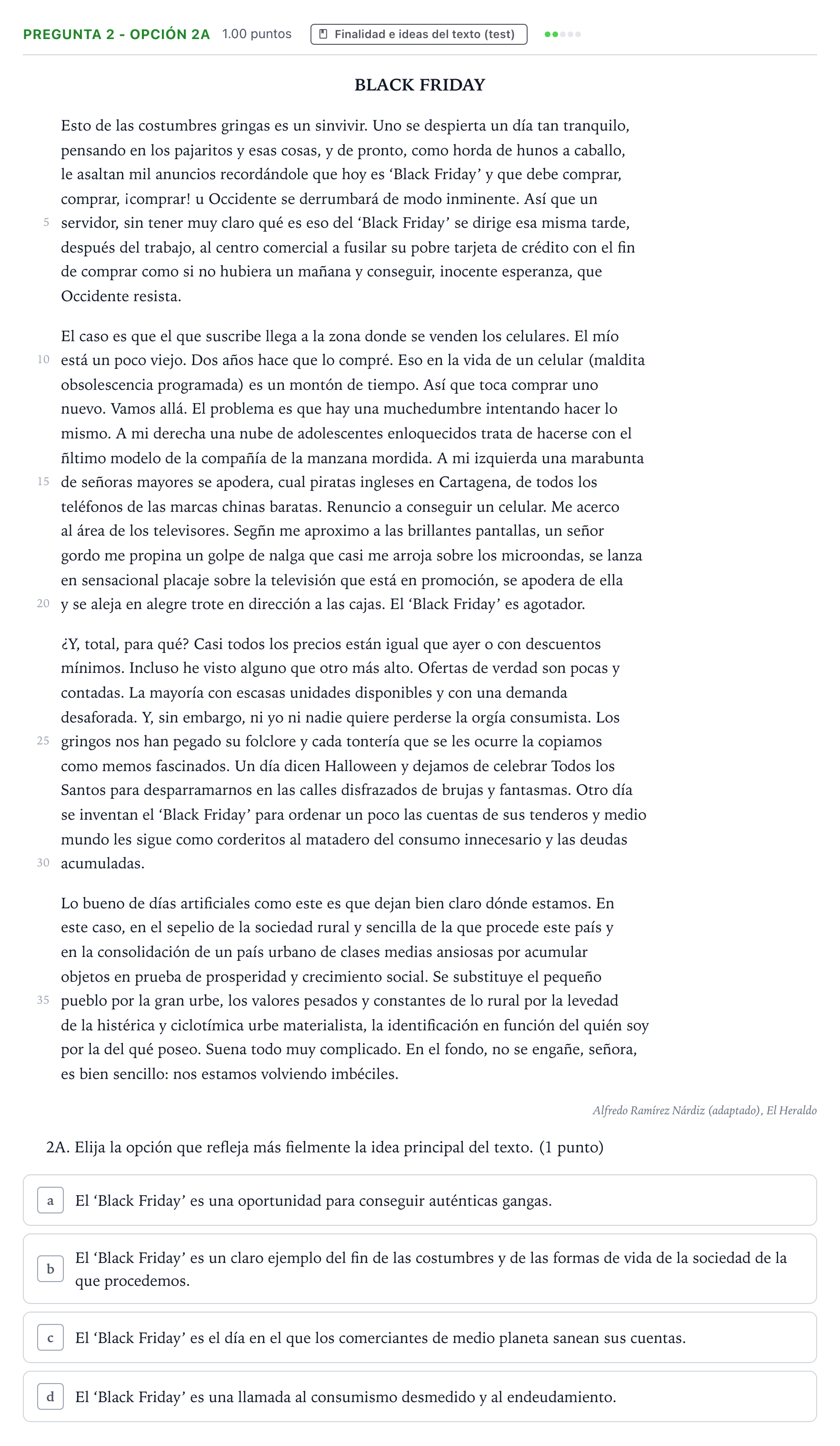 Enunciado: Pregunta 2 - Opción 2A · Lengua Castellana y Literatura II PAU País Vasco Ordinaria 2021