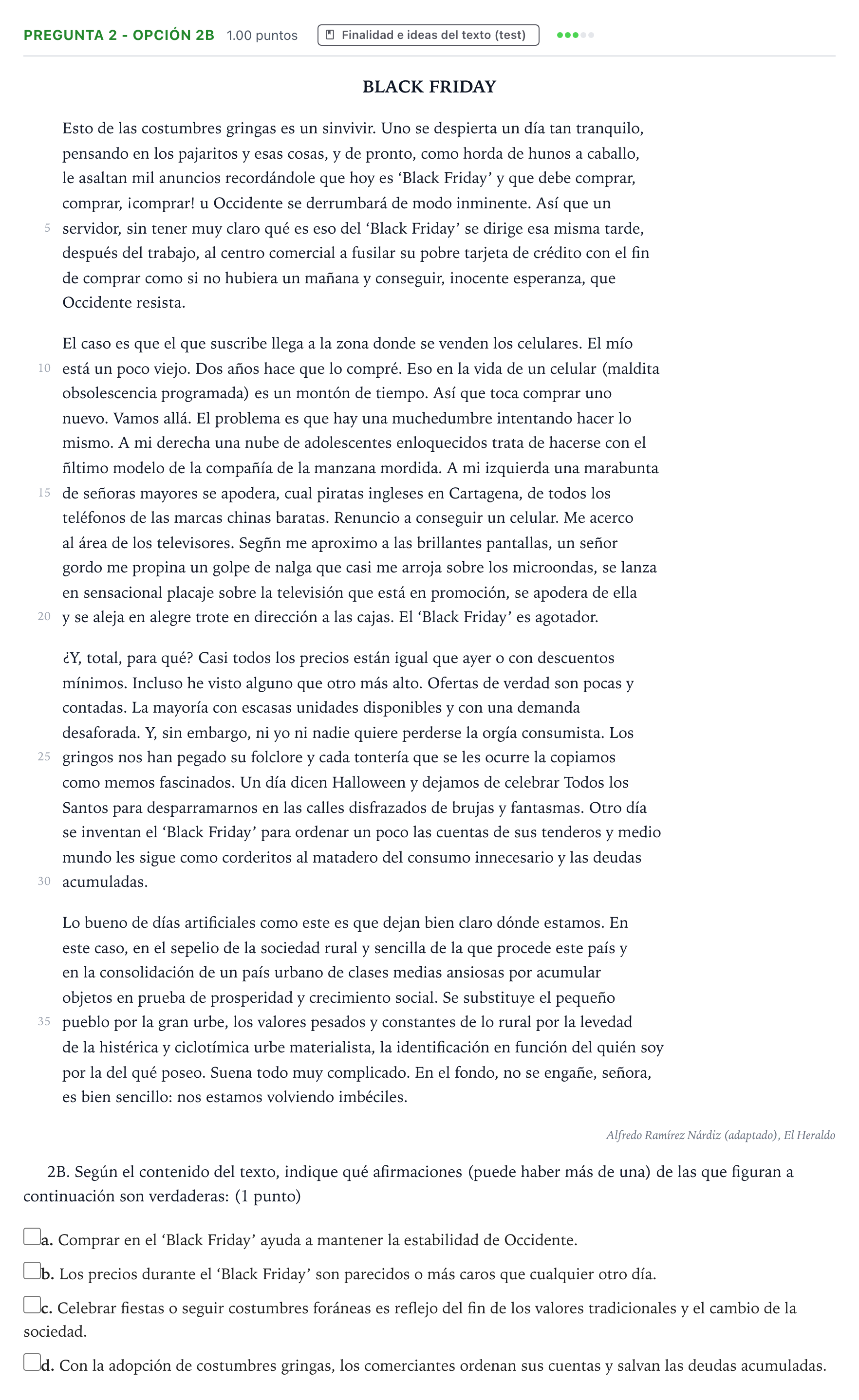 Enunciado: Pregunta 2 - Opción 2B · Lengua Castellana y Literatura II PAU País Vasco Ordinaria 2021